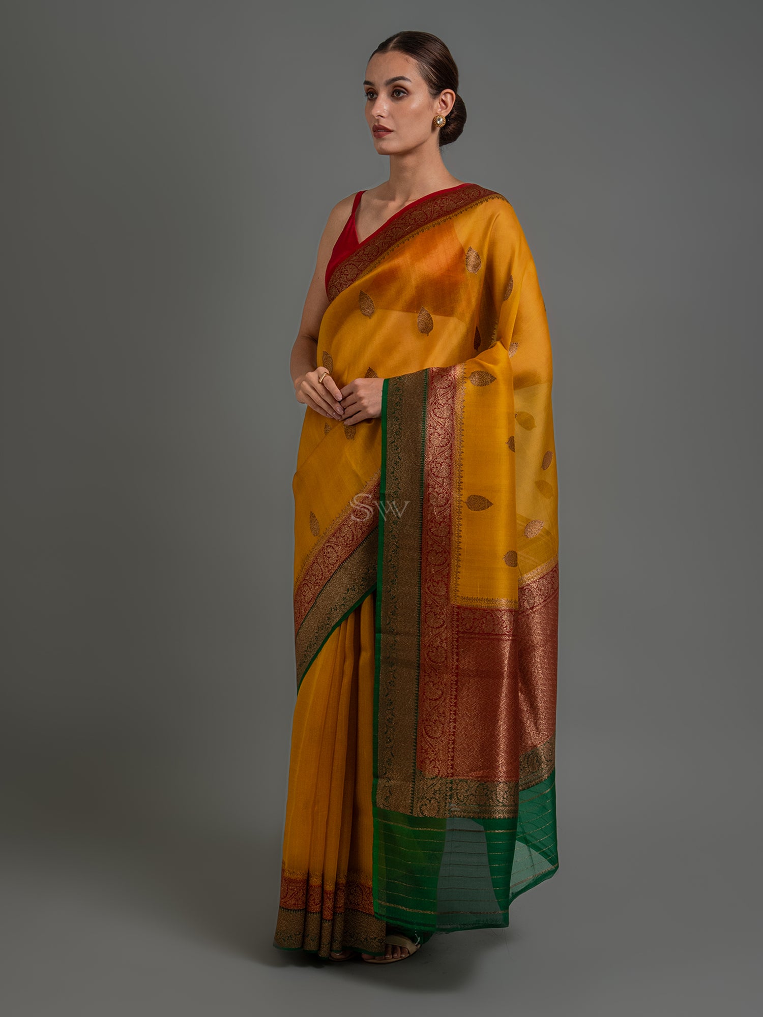 Mustard Boota Organza Silk Handloom Banarasi Saree - Sacred Weaves