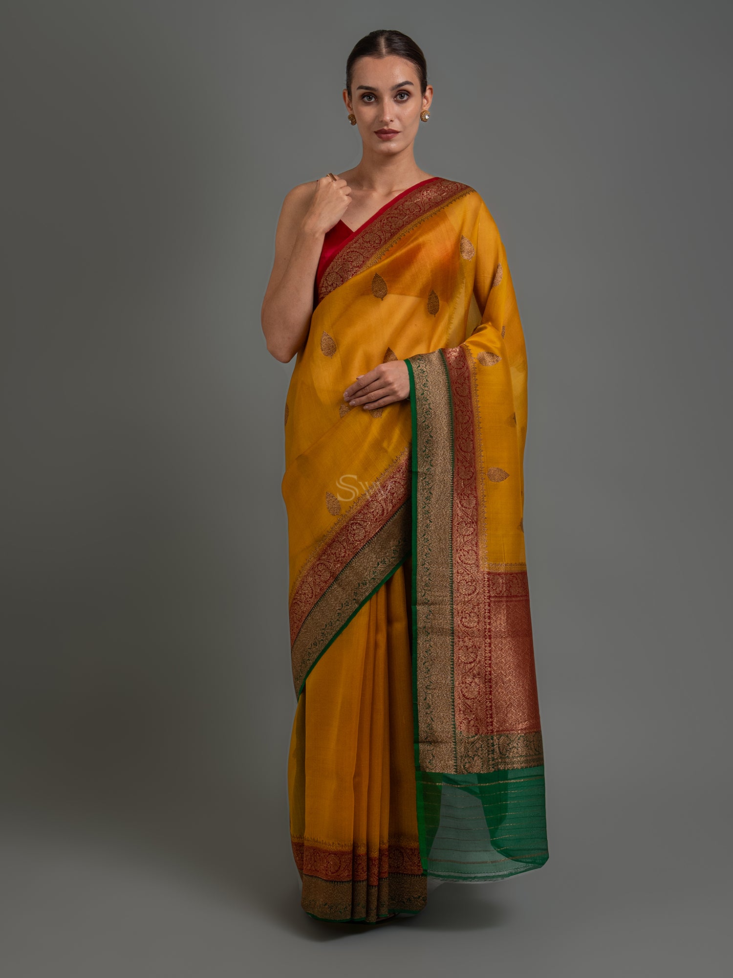 Mustard Boota Organza Silk Handloom Banarasi Saree - Sacred Weaves