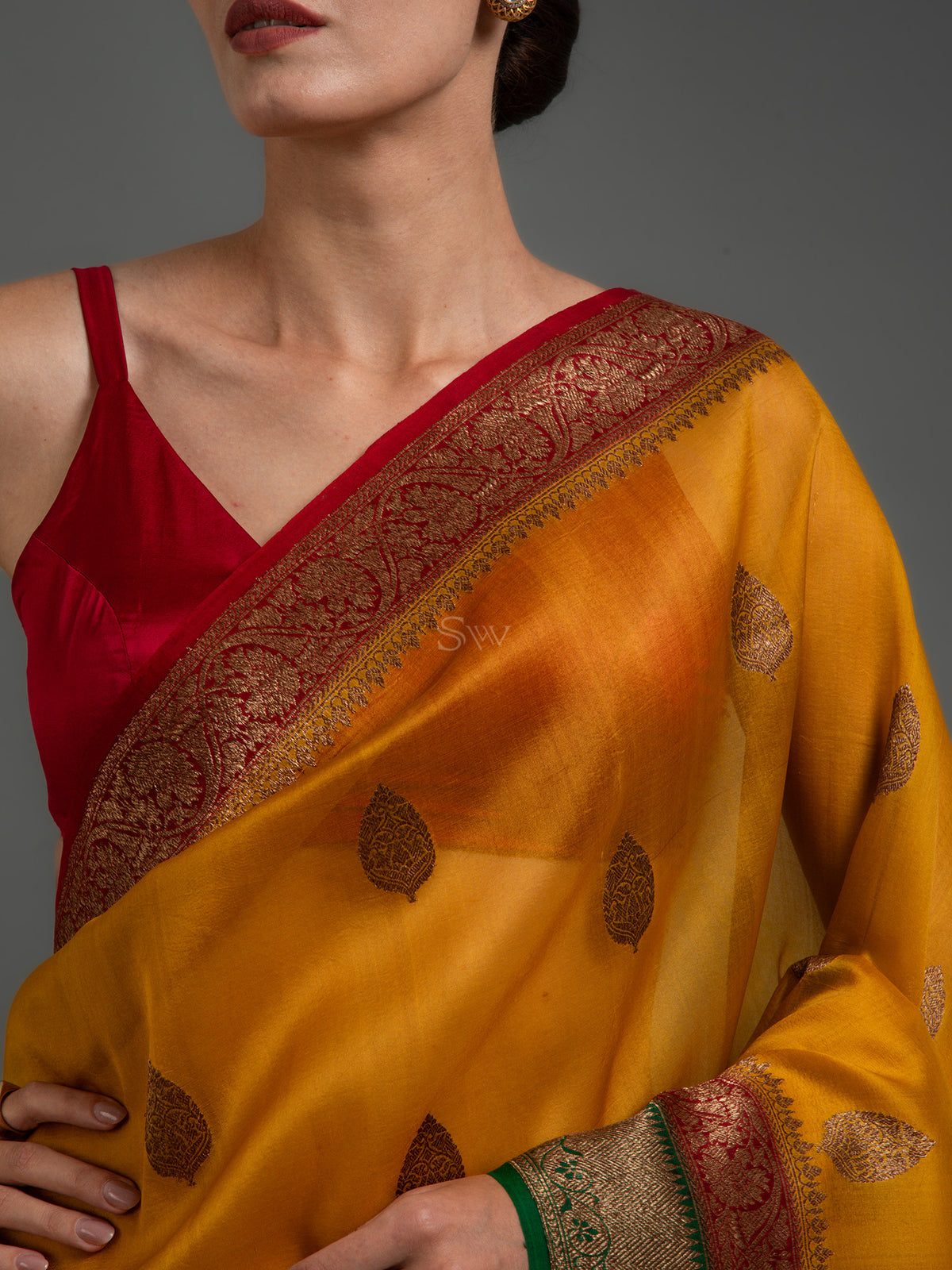 Mustard Boota Organza Silk Handloom Banarasi Saree - Sacred Weaves