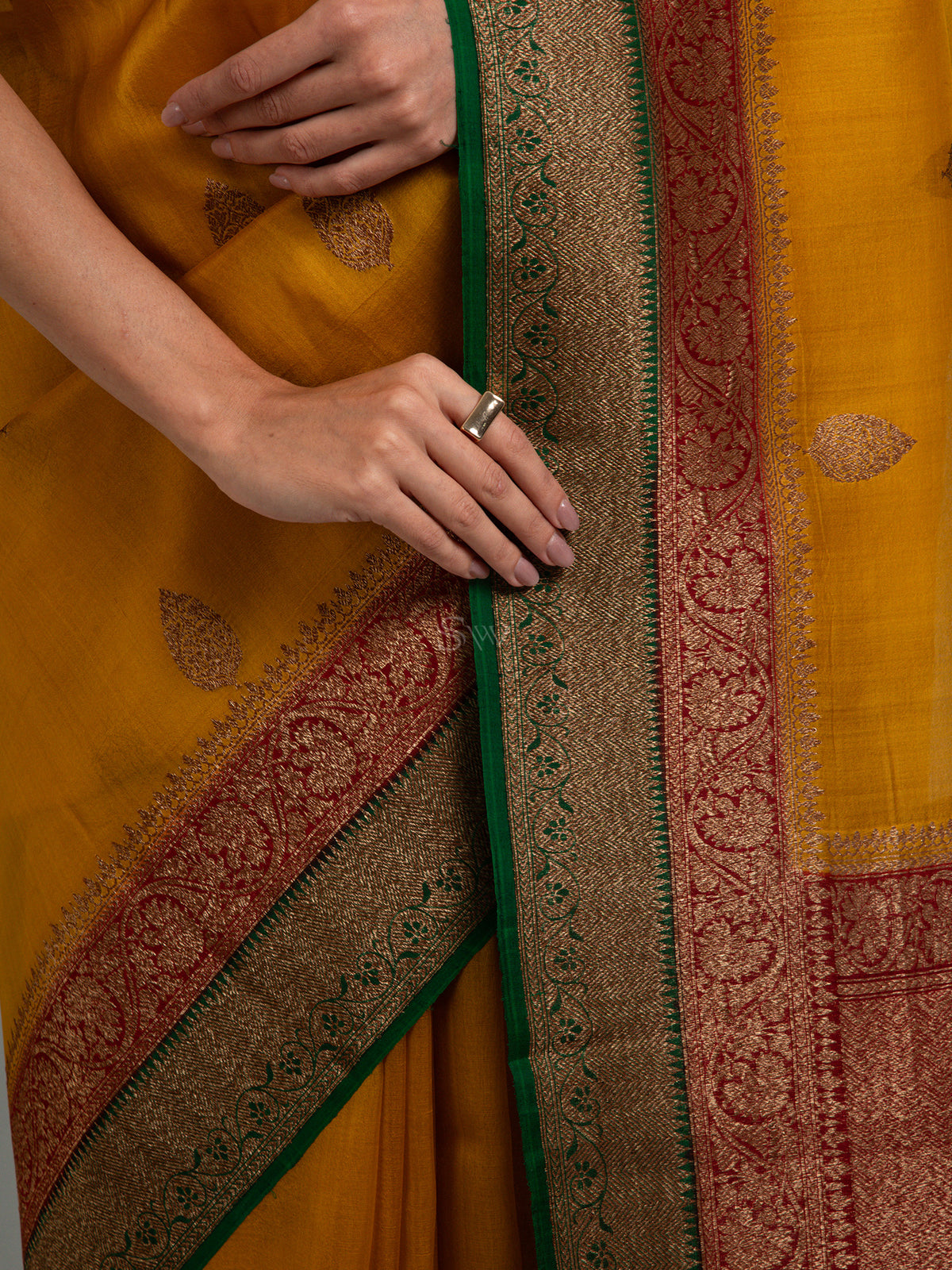 Mustard Boota Organza Silk Handloom Banarasi Saree - Sacred Weaves