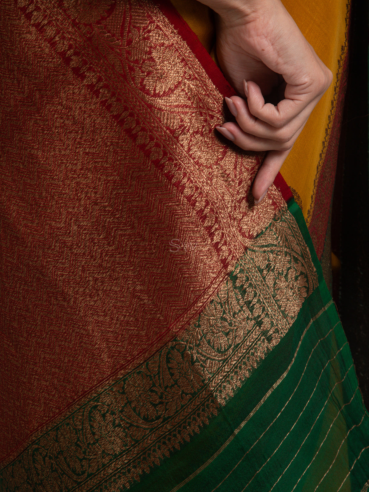 Mustard Boota Organza Silk Handloom Banarasi Saree - Sacred Weaves