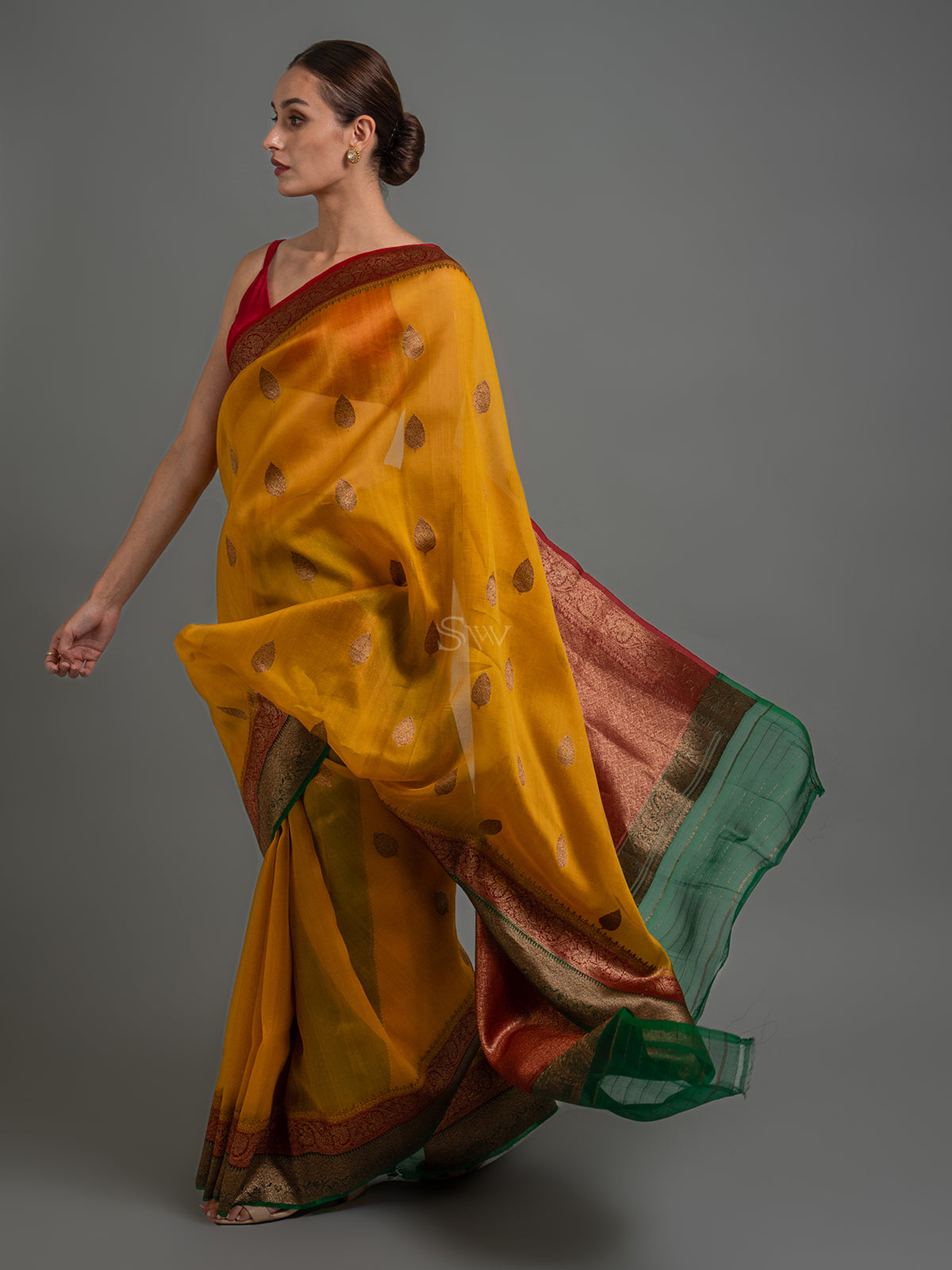 Mustard Boota Organza Silk Handloom Banarasi Saree - Sacred Weaves