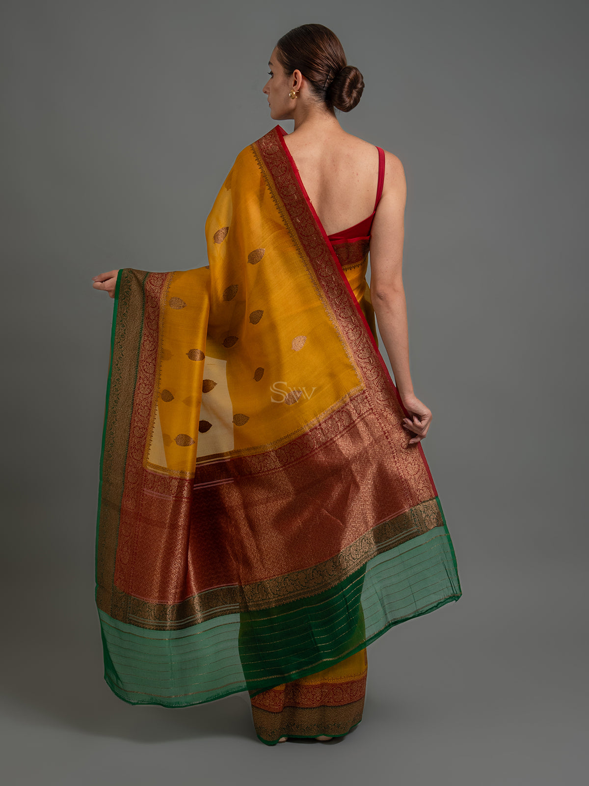 Mustard Boota Organza Silk Handloom Banarasi Saree - Sacred Weaves