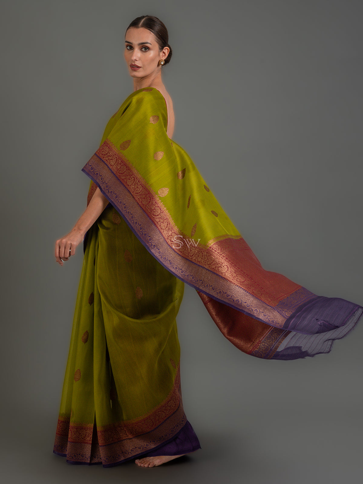 Parrot Green Boota Organza Silk Handloom Banarasi Saree - Sacred Weaves