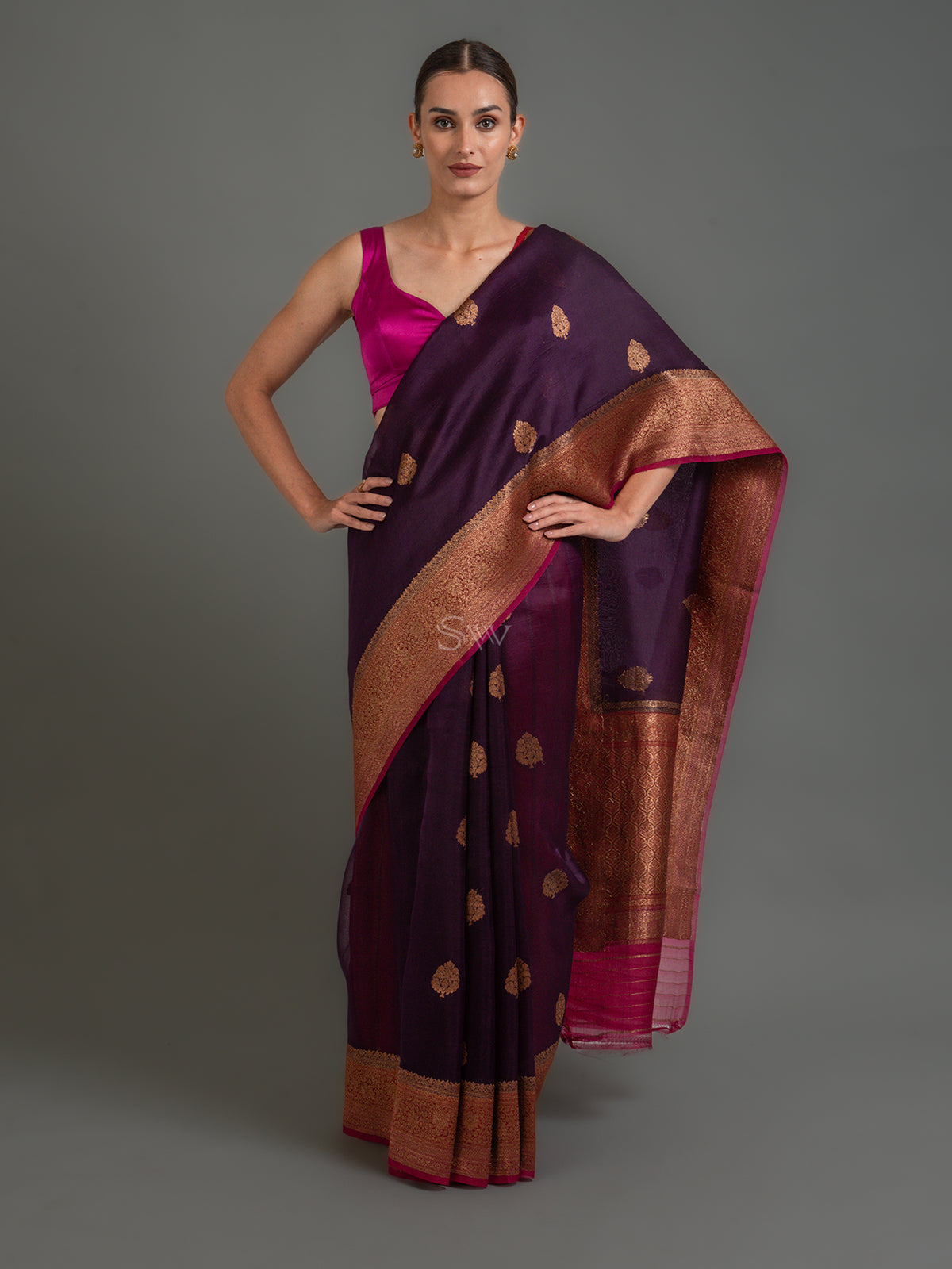 Dark Purple Boota Organza Silk Handloom Banarasi Saree - Sacred Weaves