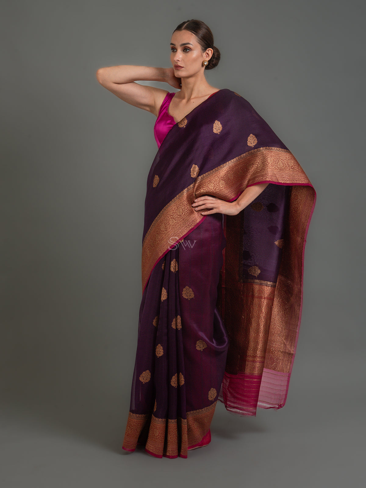 Dark Purple Boota Organza Silk Handloom Banarasi Saree - Sacred Weaves