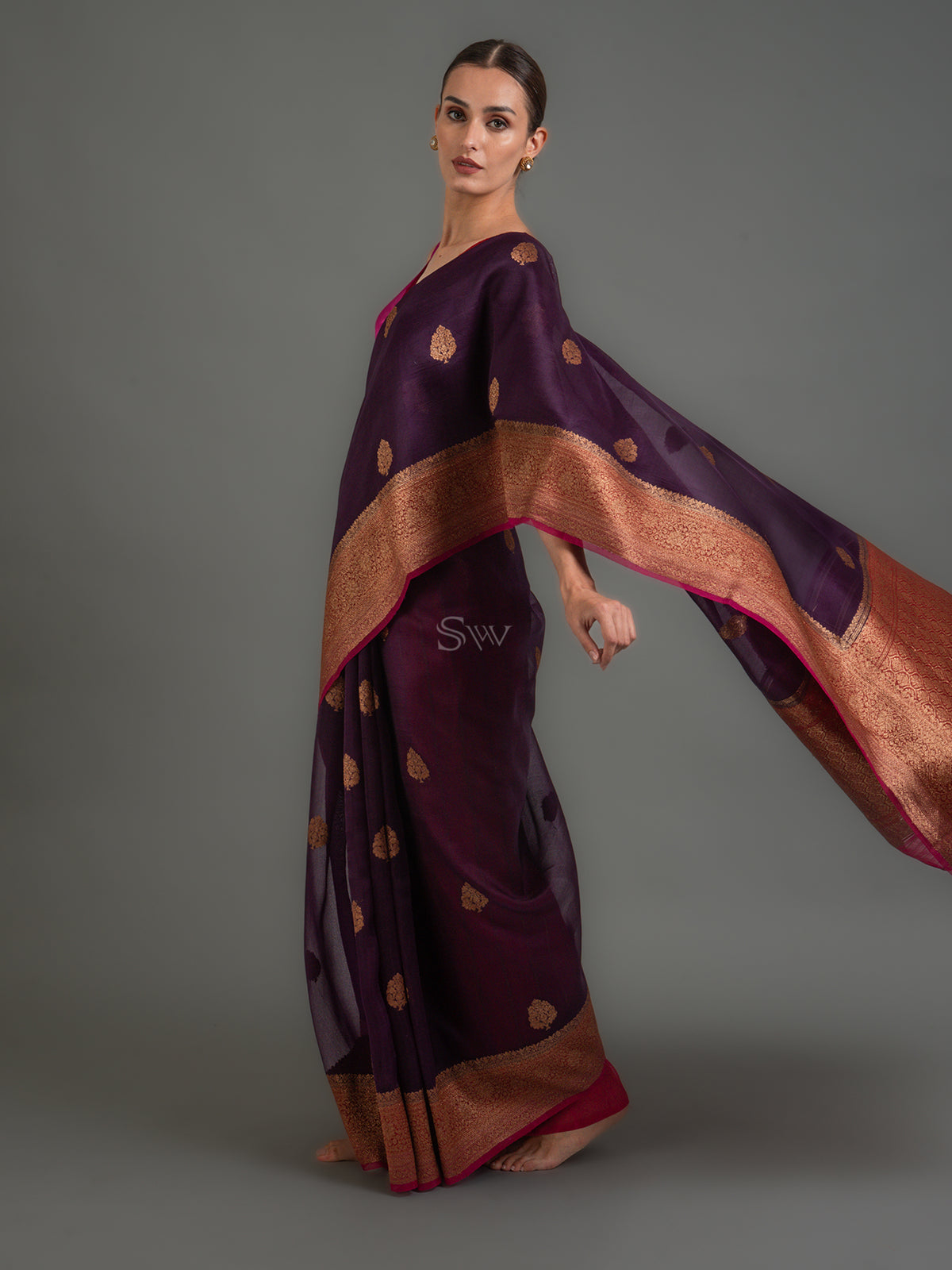 Dark Purple Boota Organza Silk Handloom Banarasi Saree - Sacred Weaves