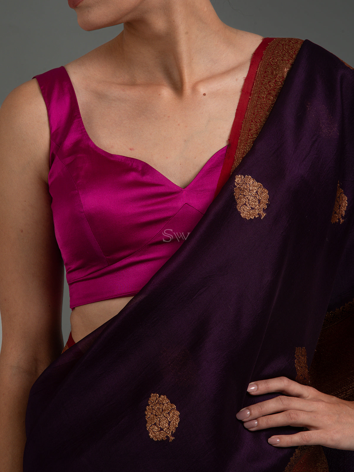 Dark Purple Boota Organza Silk Handloom Banarasi Saree - Sacred Weaves