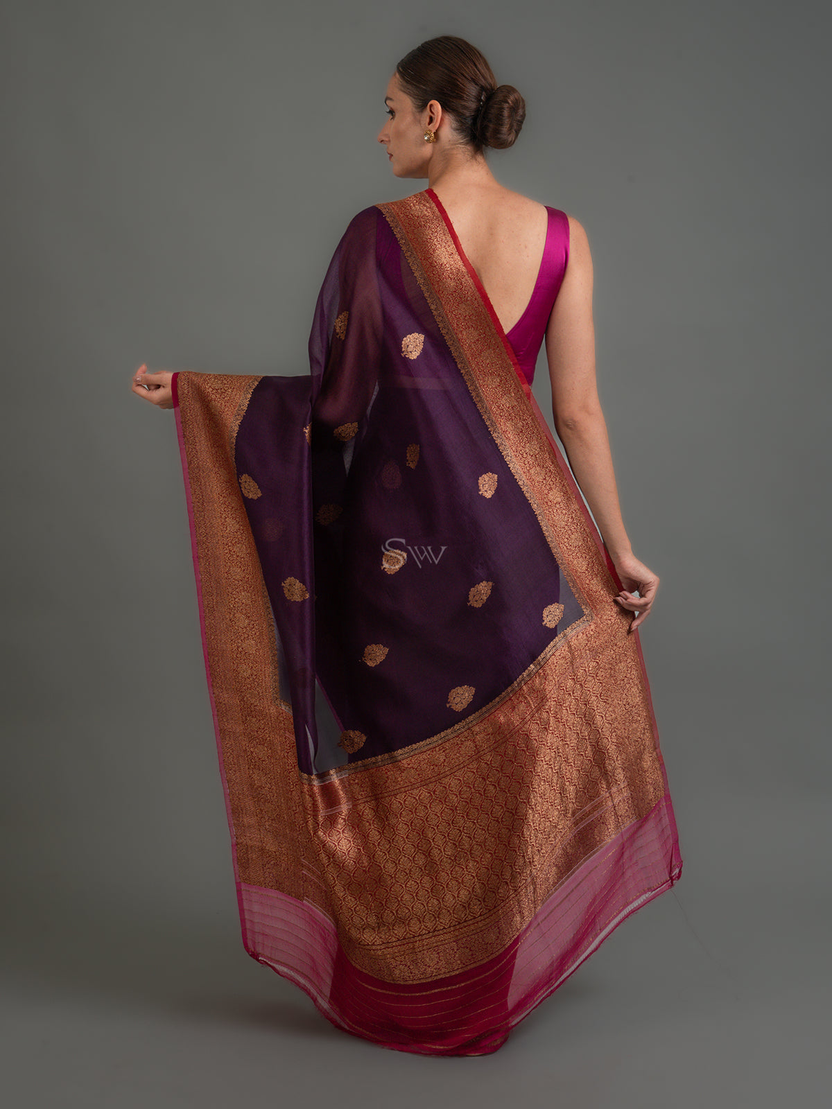 Dark Purple Boota Organza Silk Handloom Banarasi Saree - Sacred Weaves