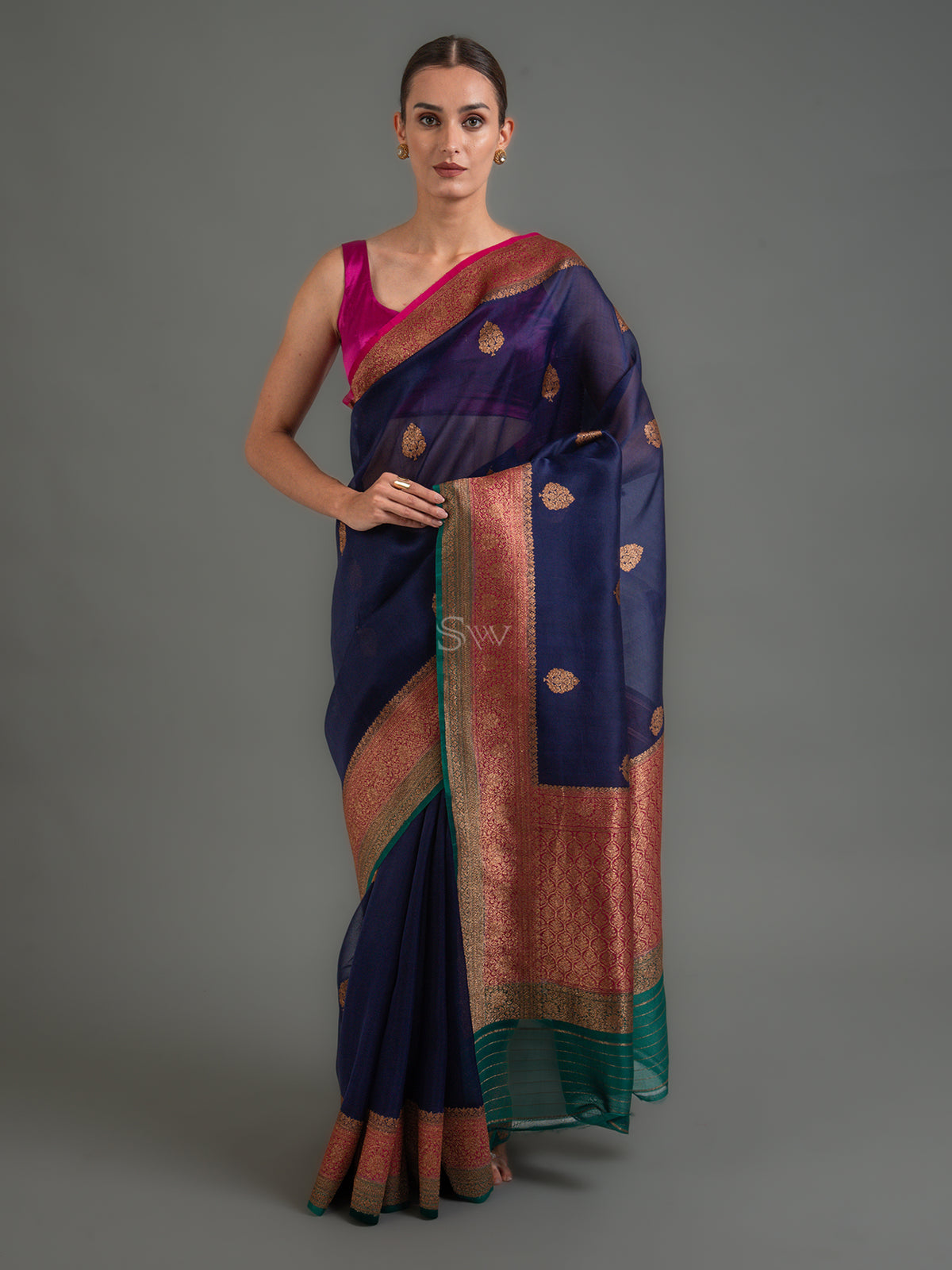 Dark Blue Boota Organza Silk Handloom Banarasi Saree - Sacred Weaves