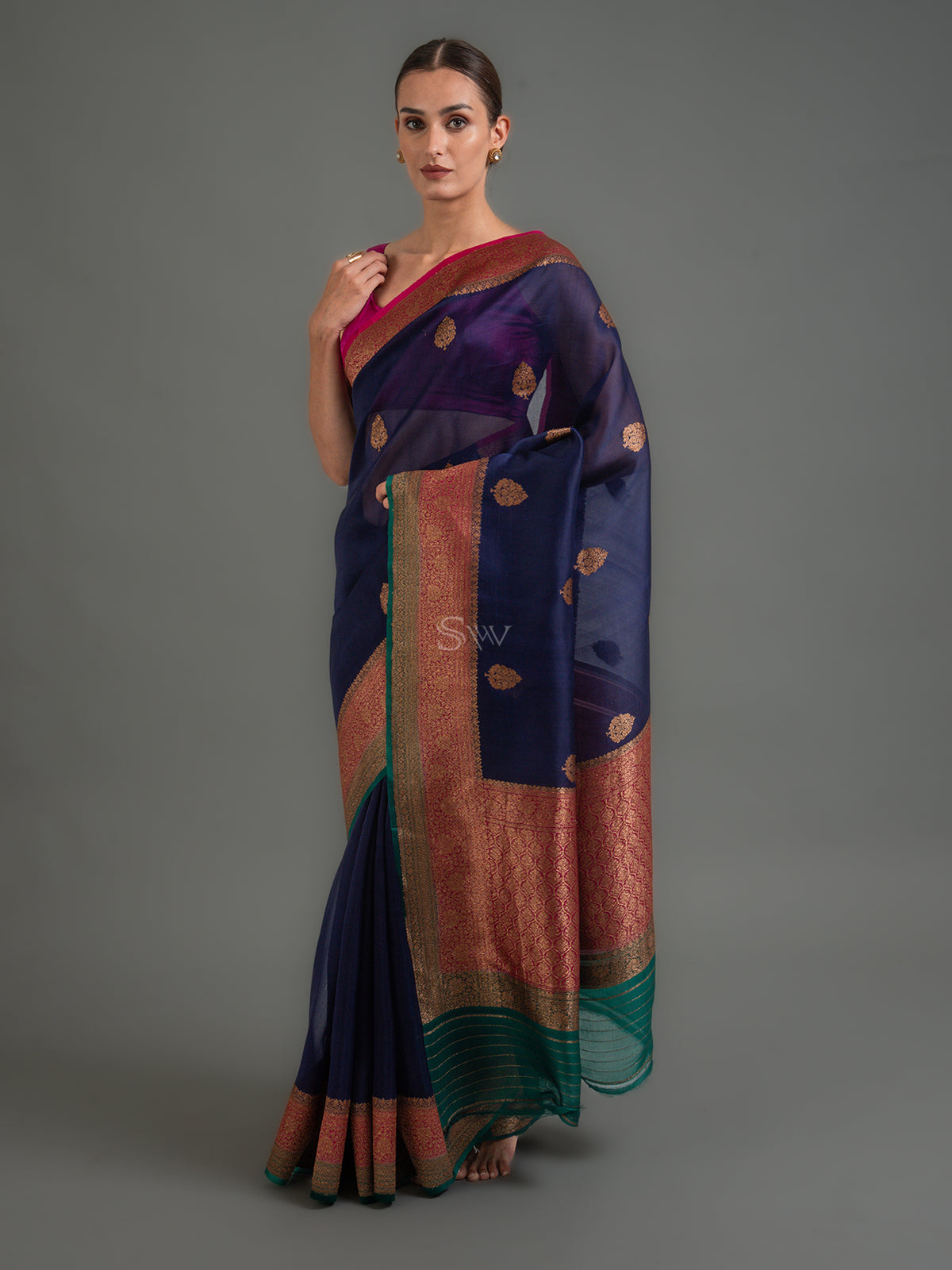 Dark Blue Boota Organza Silk Handloom Banarasi Saree - Sacred Weaves