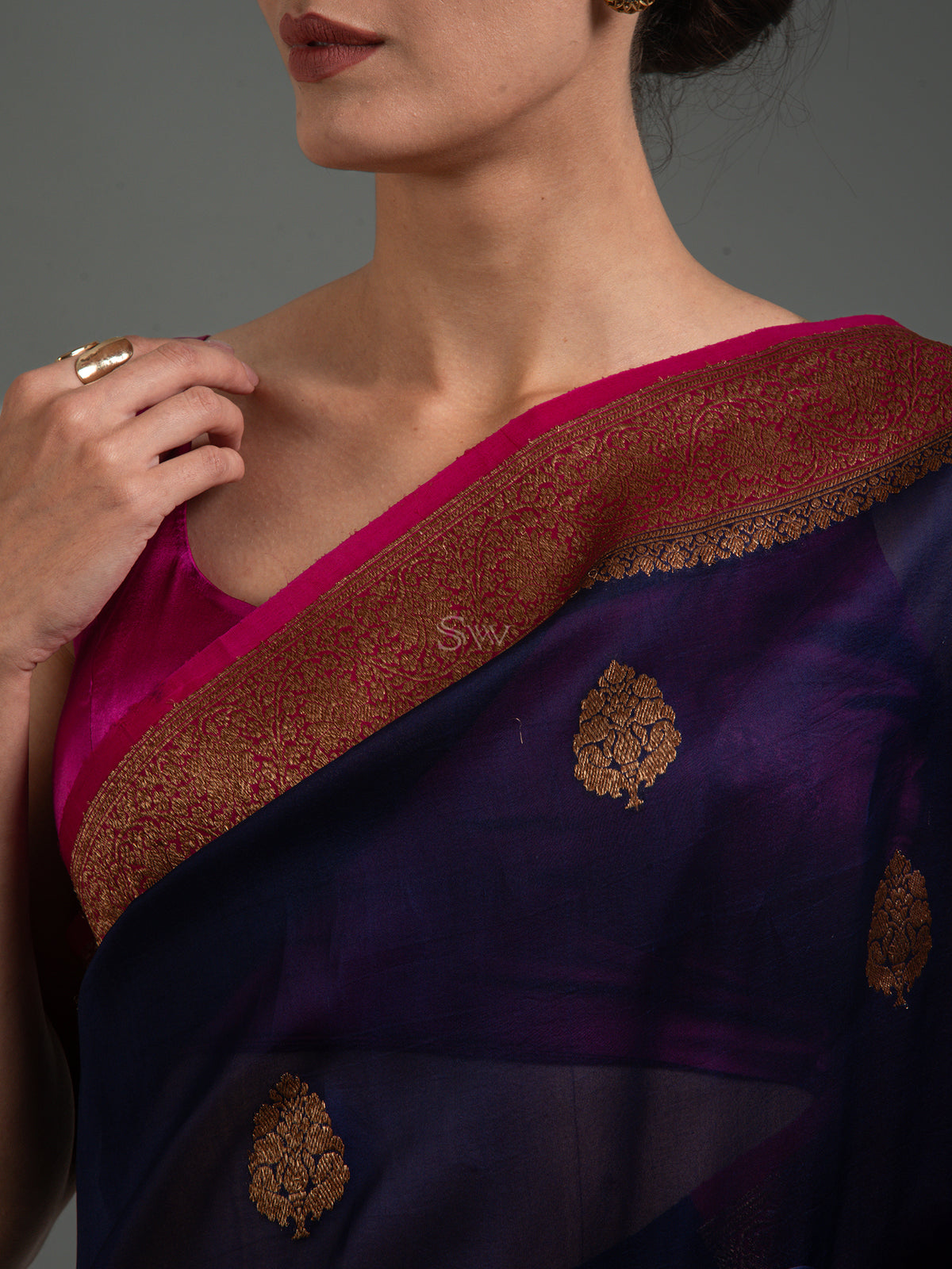 Dark Blue Boota Organza Silk Handloom Banarasi Saree - Sacred Weaves