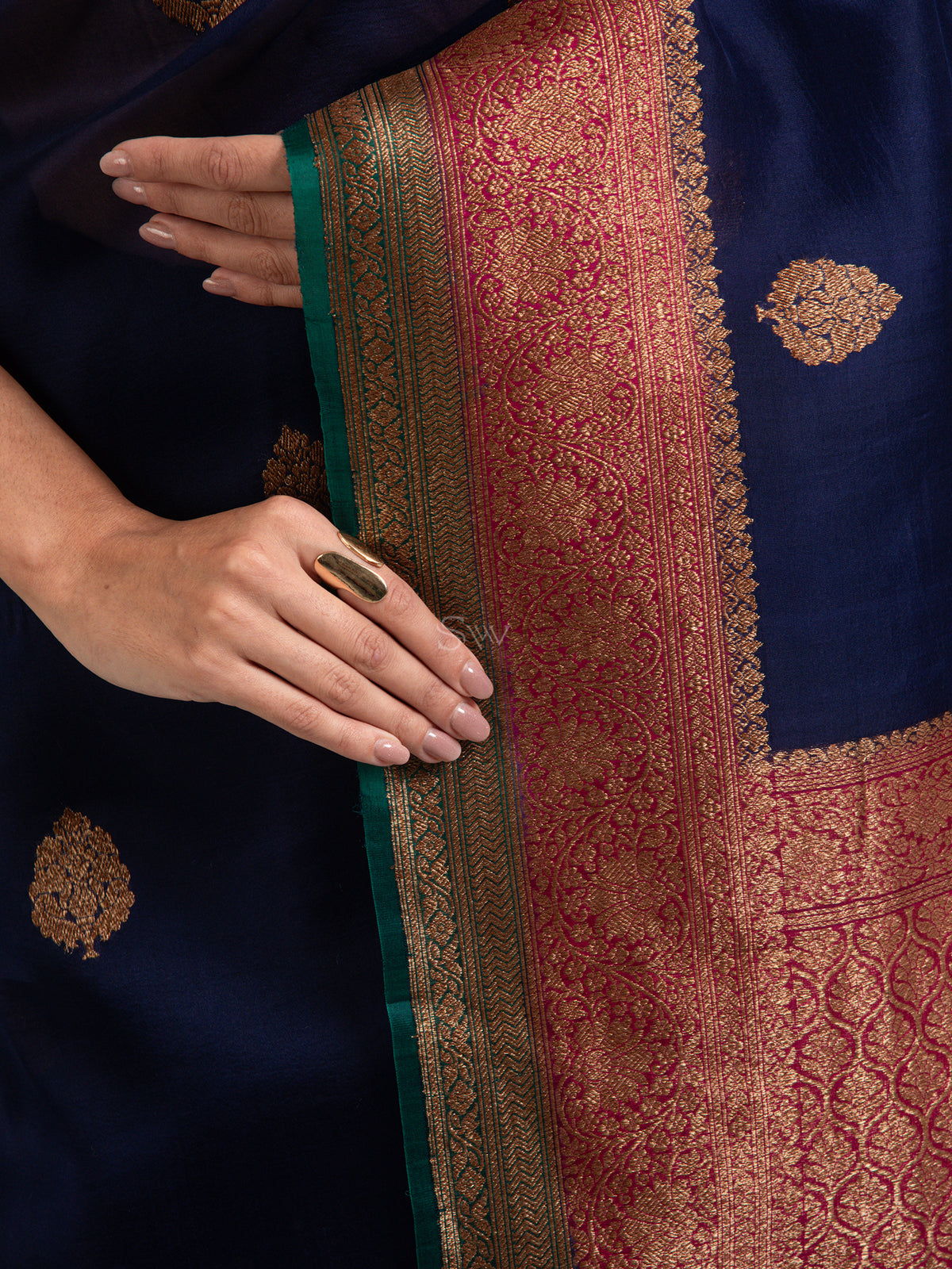 Dark Blue Boota Organza Silk Handloom Banarasi Saree - Sacred Weaves