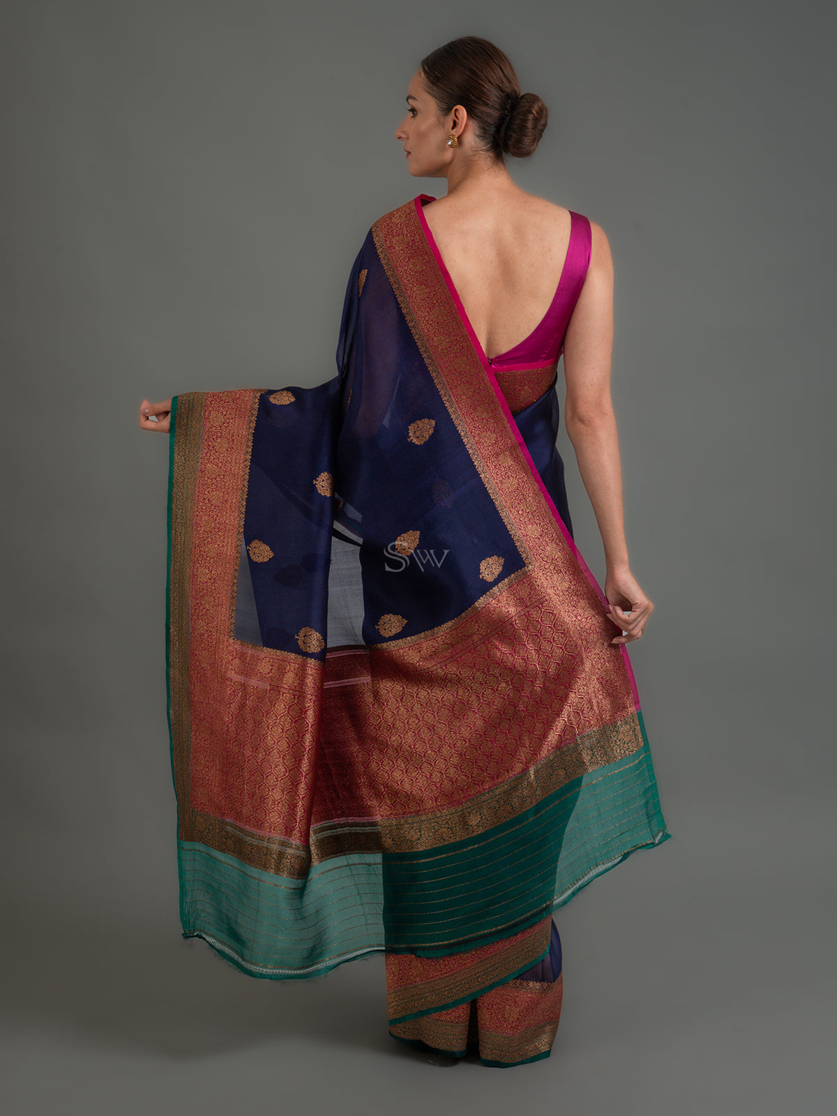 Dark Blue Boota Organza Silk Handloom Banarasi Saree - Sacred Weaves