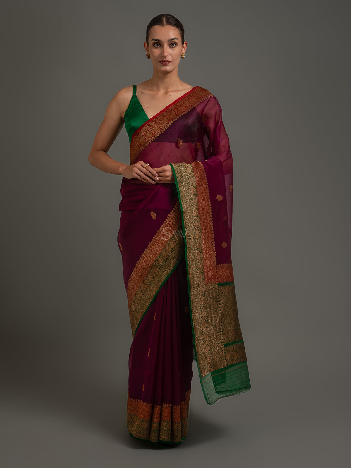 Wine Booti Organza Silk Handloom Banarasi Saree - Sacred Weaves