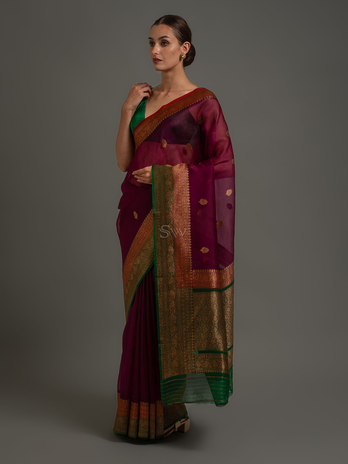 Wine Booti Organza Silk Handloom Banarasi Saree - Sacred Weaves