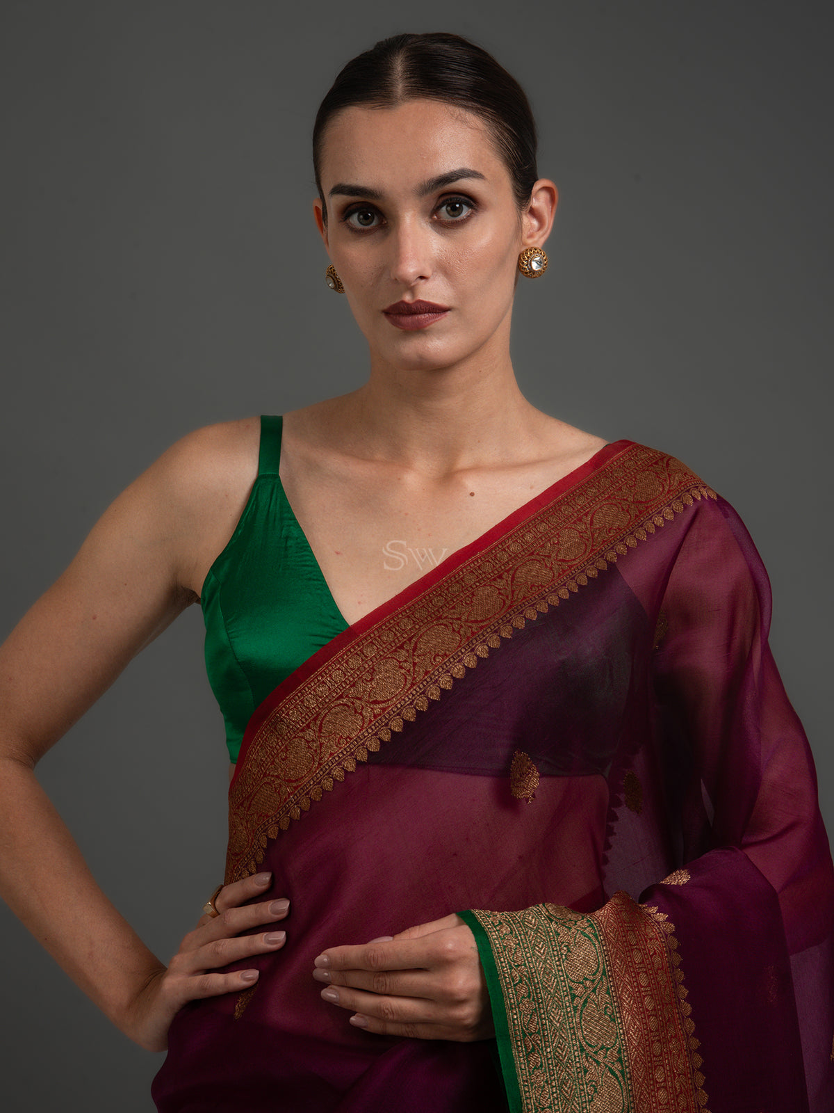 Wine Booti Organza Silk Handloom Banarasi Saree - Sacred Weaves