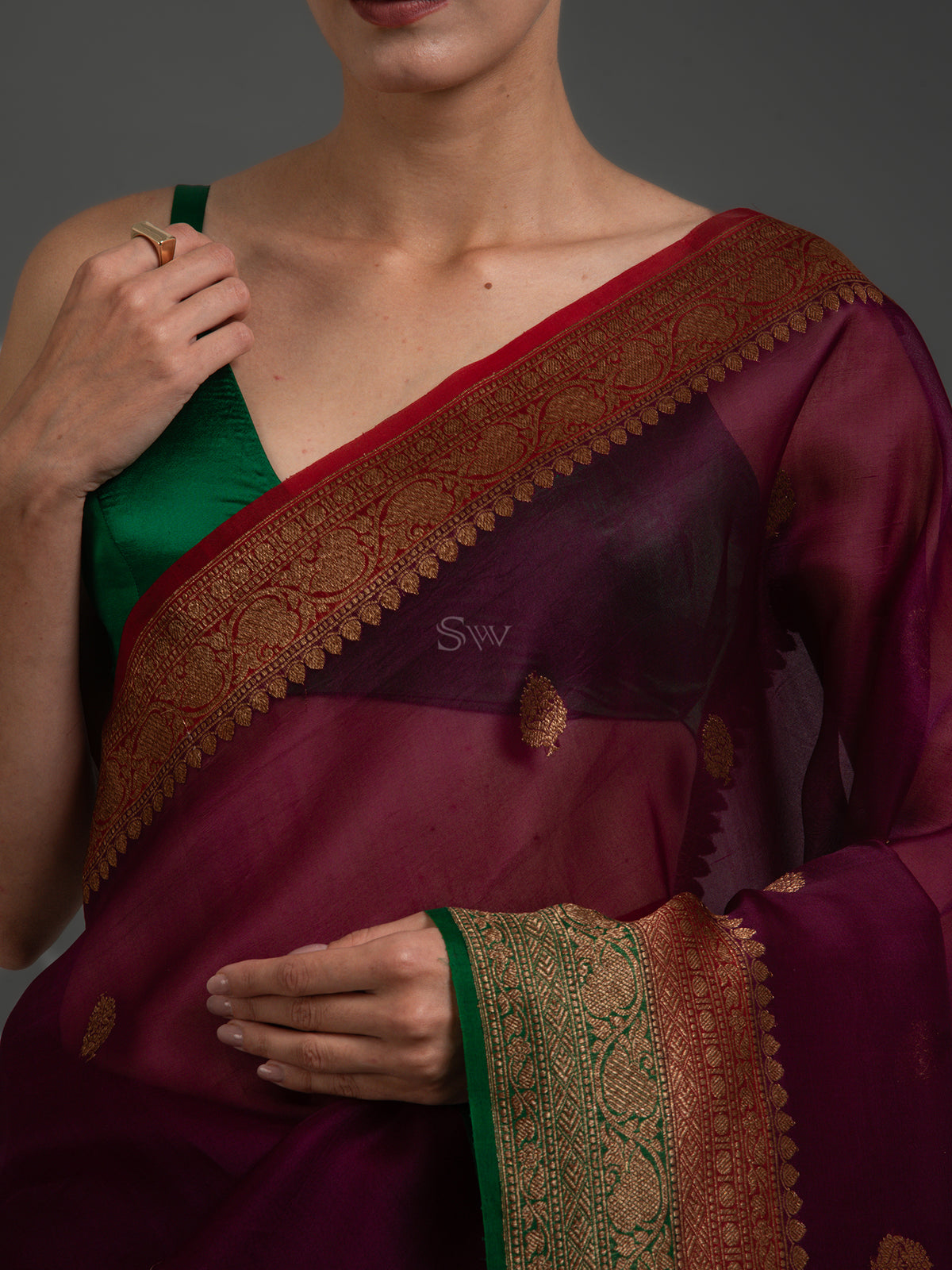 Wine Booti Organza Silk Handloom Banarasi Saree - Sacred Weaves