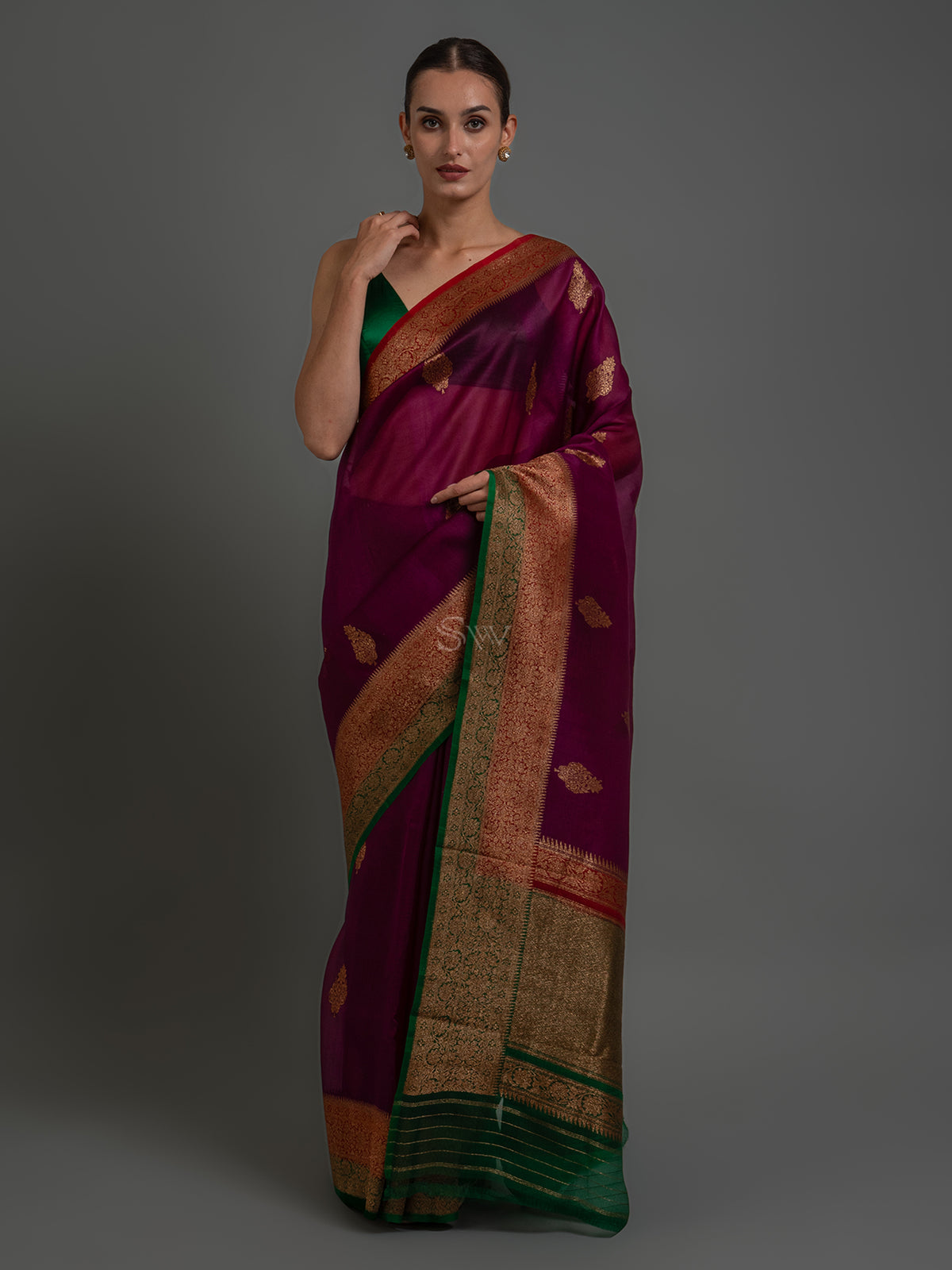 Wine Boota Organza Silk Handloom Banarasi Saree - Sacred Weaves