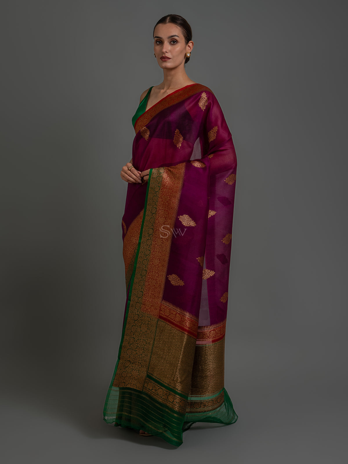 Wine Boota Organza Silk Handloom Banarasi Saree - Sacred Weaves