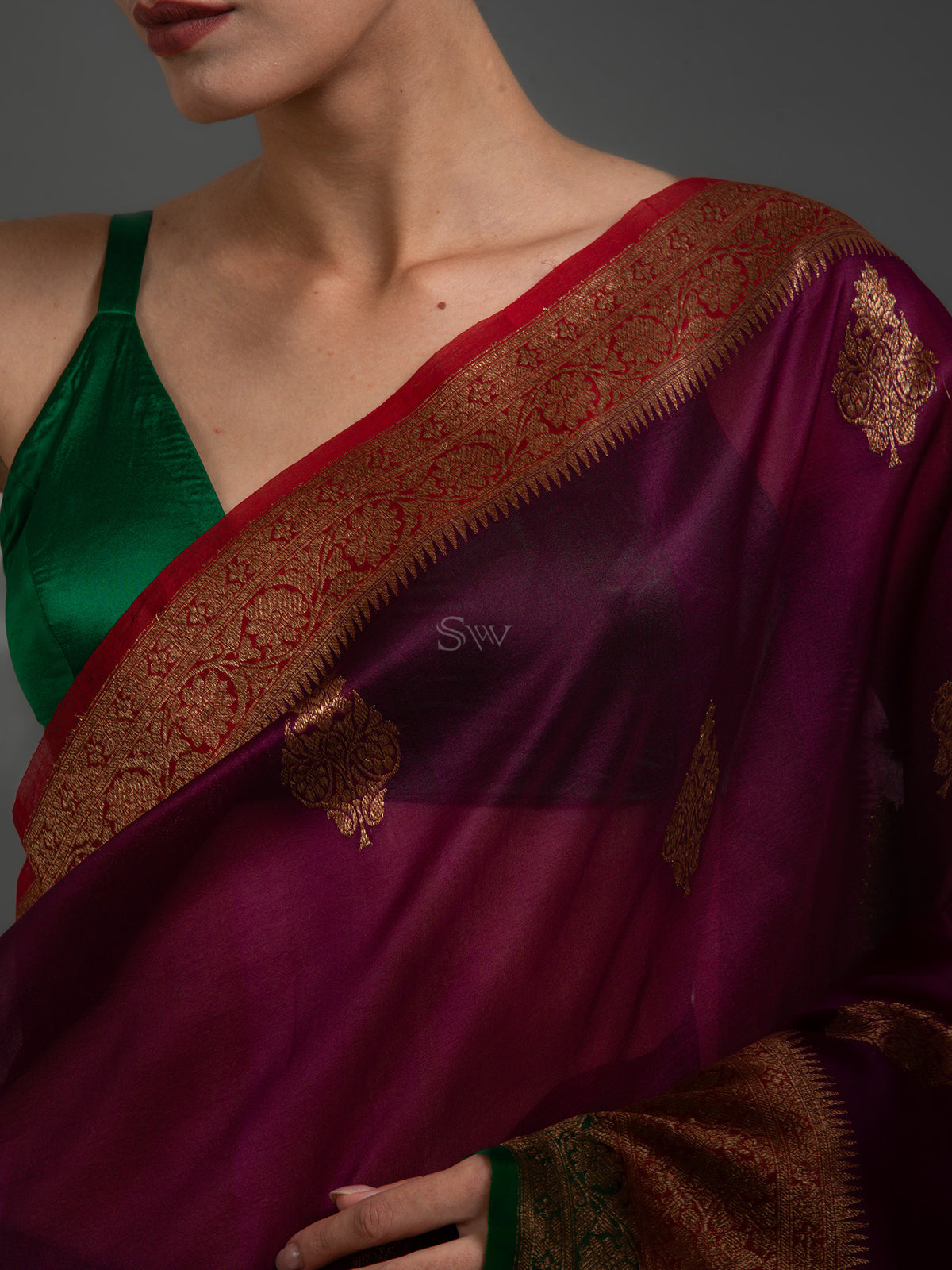 Wine Boota Organza Silk Handloom Banarasi Saree - Sacred Weaves