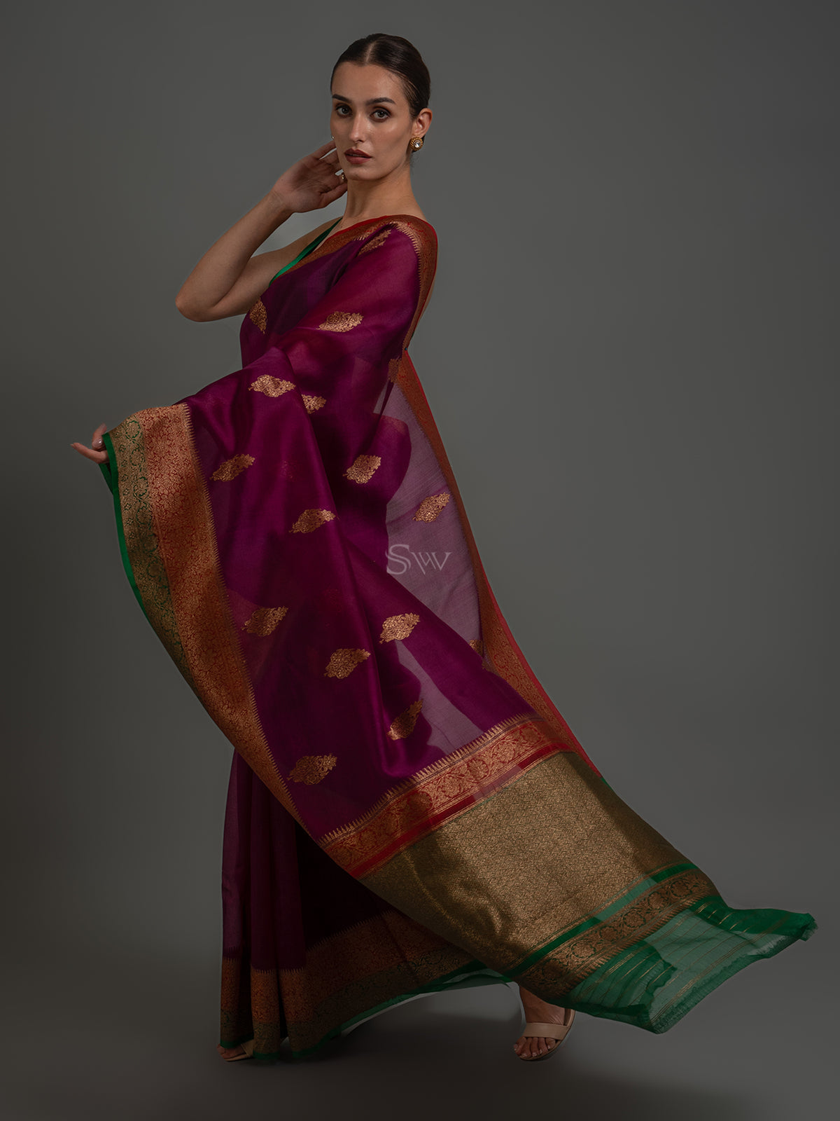 Wine Boota Organza Silk Handloom Banarasi Saree - Sacred Weaves