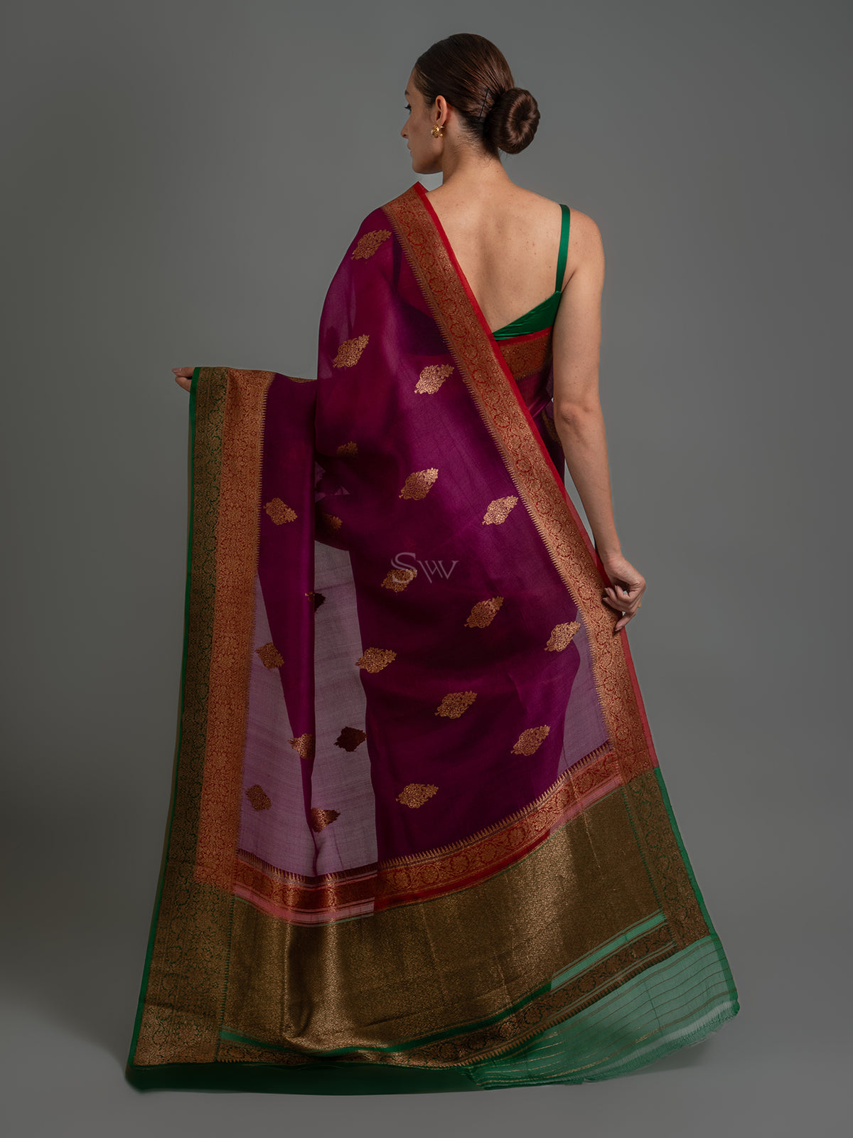 Wine Boota Organza Silk Handloom Banarasi Saree - Sacred Weaves