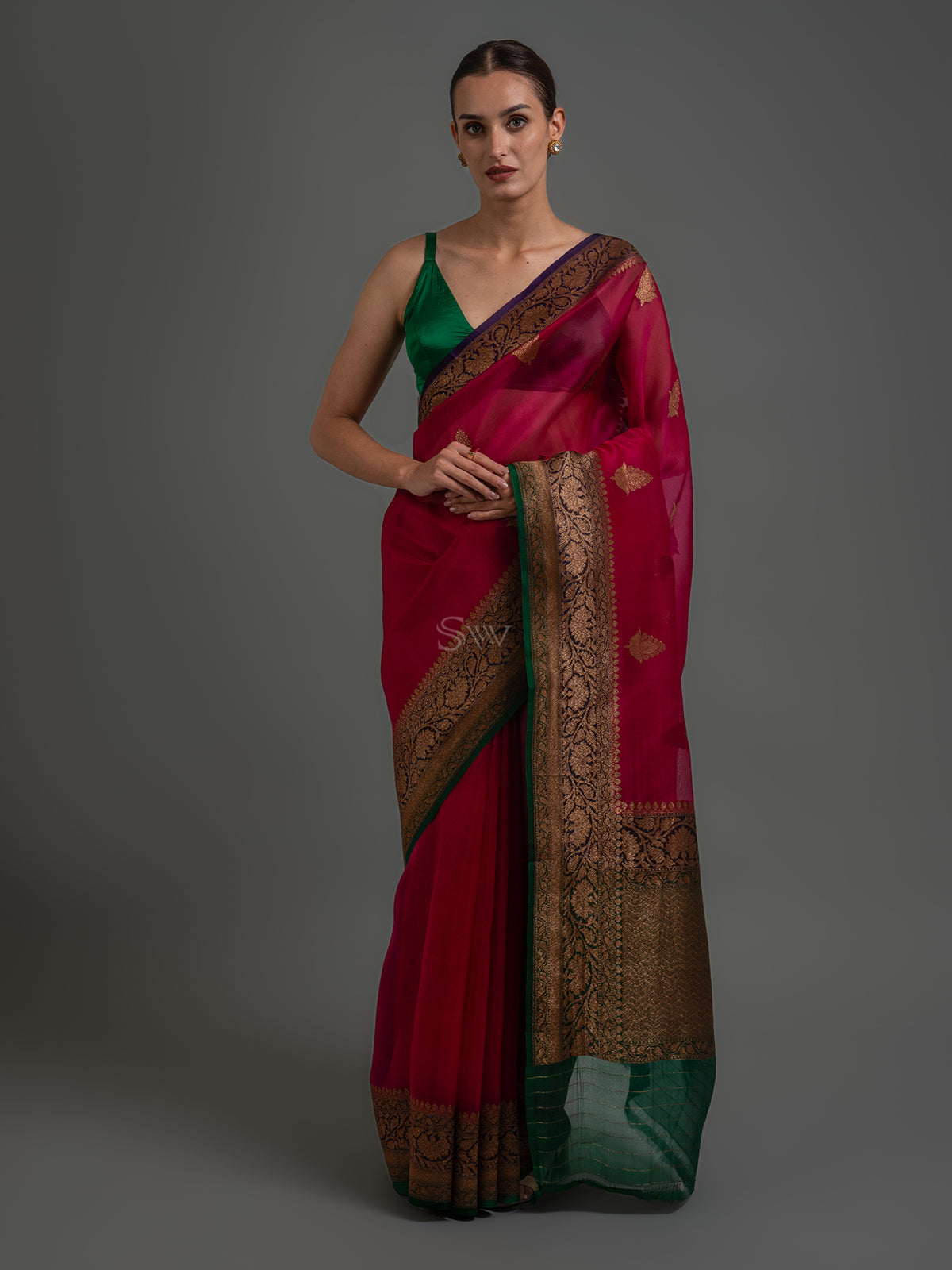 Magenta Boota Organza Silk Handloom Banarasi Saree - Sacred Weaves