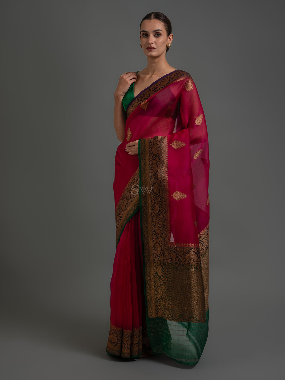 Magenta Boota Organza Silk Handloom Banarasi Saree - Sacred Weaves