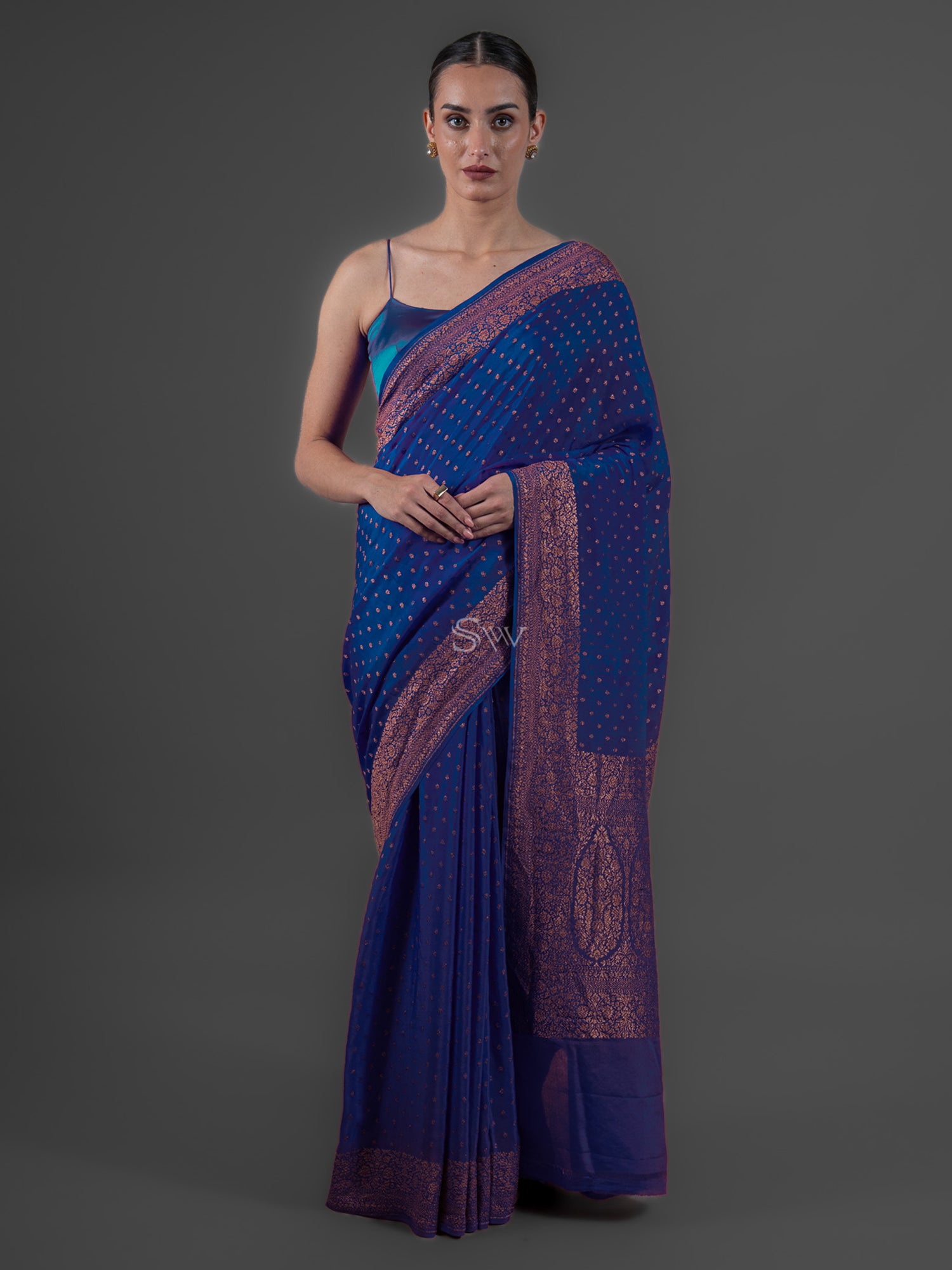 Blue Booti Crepe Silk Handloom Banarasi Saree - Sacred Weaves