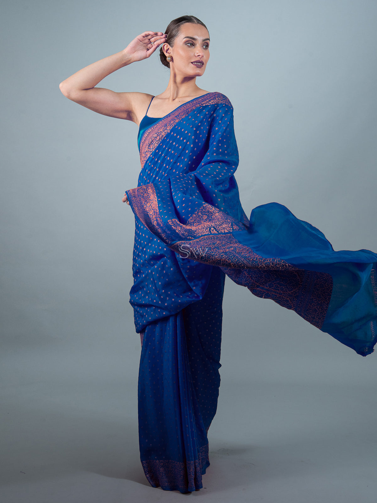 Blue Booti Crepe Silk Handloom Banarasi Saree - Sacred Weaves