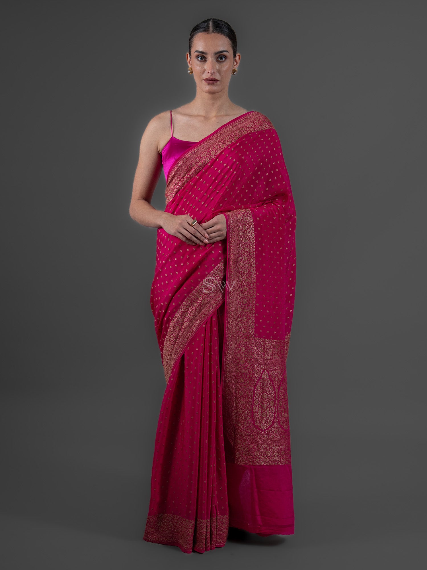 Magenta Booti Crepe Silk Handloom Banarasi Saree - Sacred Weaves