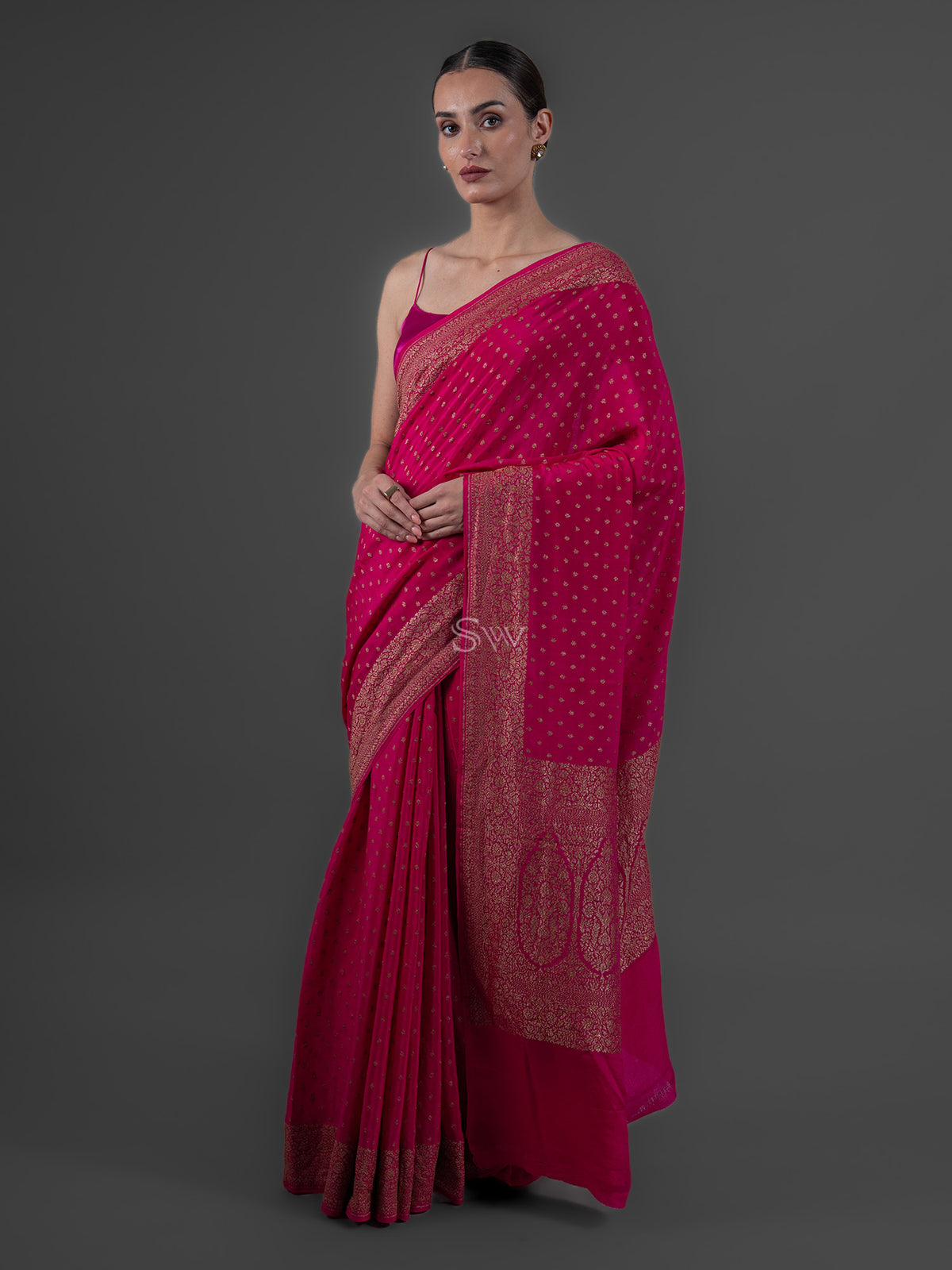 Magenta Booti Crepe Silk Handloom Banarasi Saree - Sacred Weaves