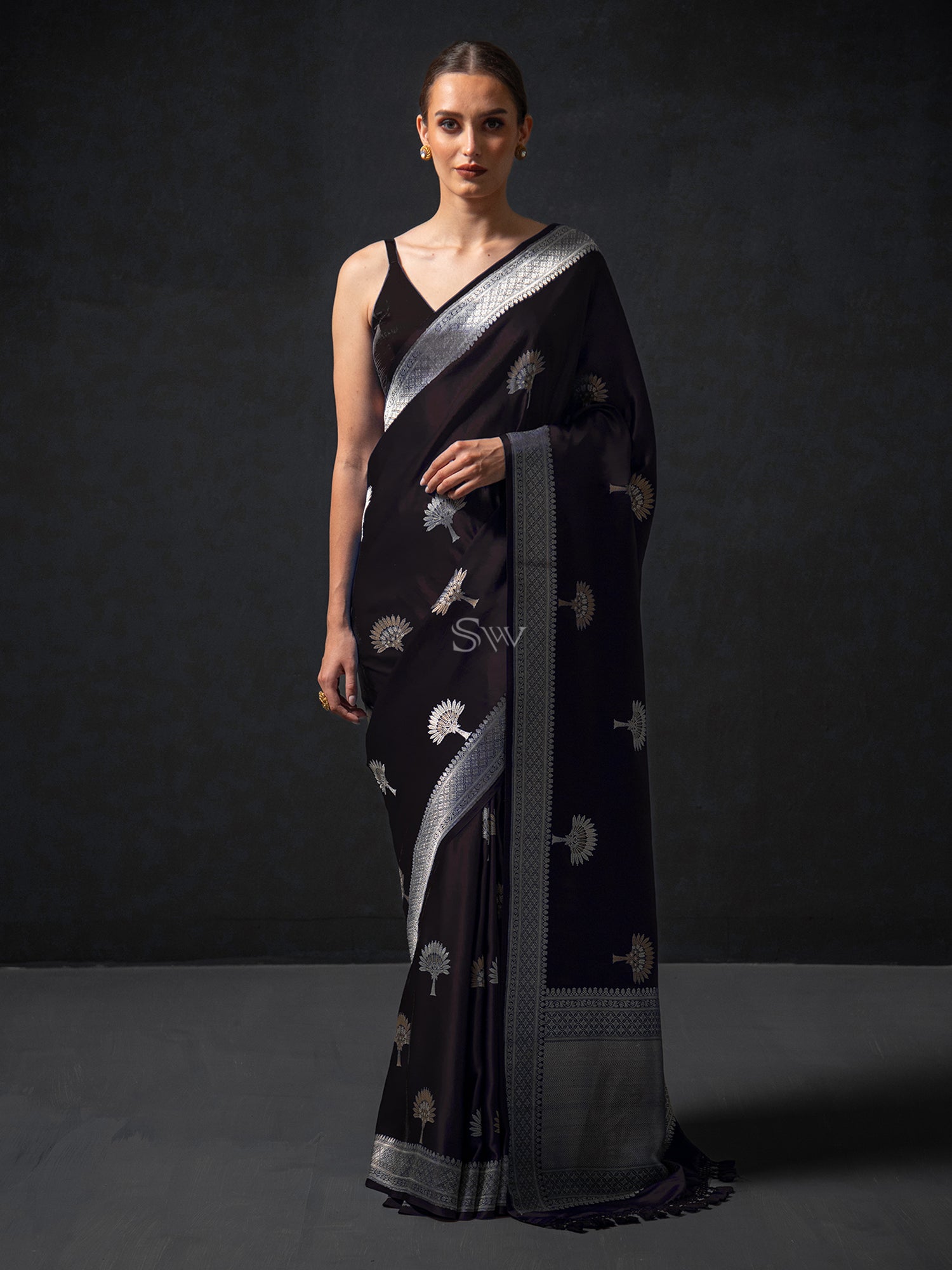 Black Boota Satin Silk Handloom Banarasi Saree - Sacred Weaves