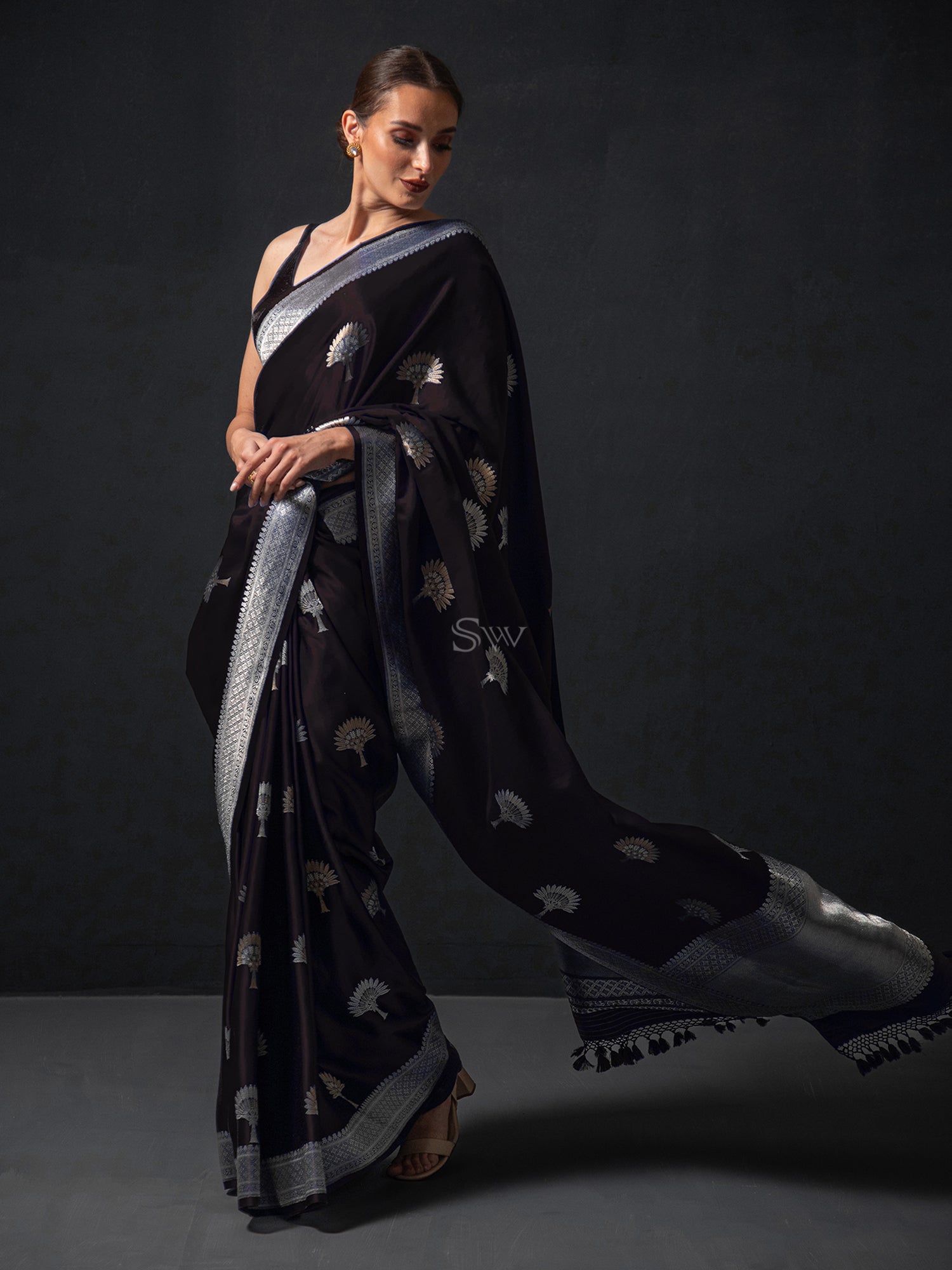 Black Boota Satin Silk Handloom Banarasi Saree - Sacred Weaves