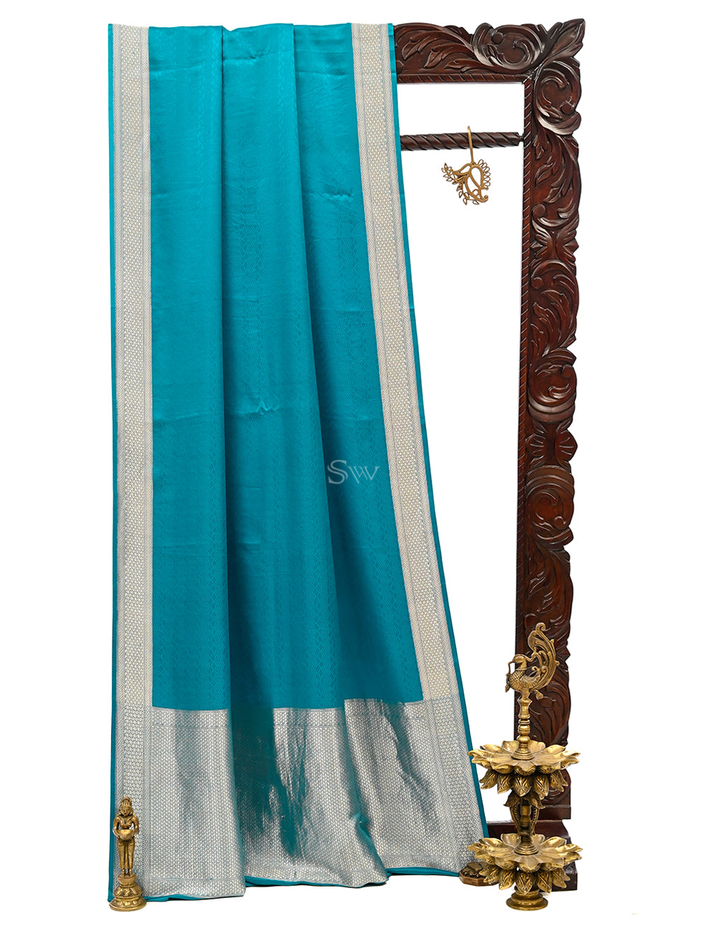 Teal Blue Satin Silk Handloom Banarasi Saree - Sacred Weaves