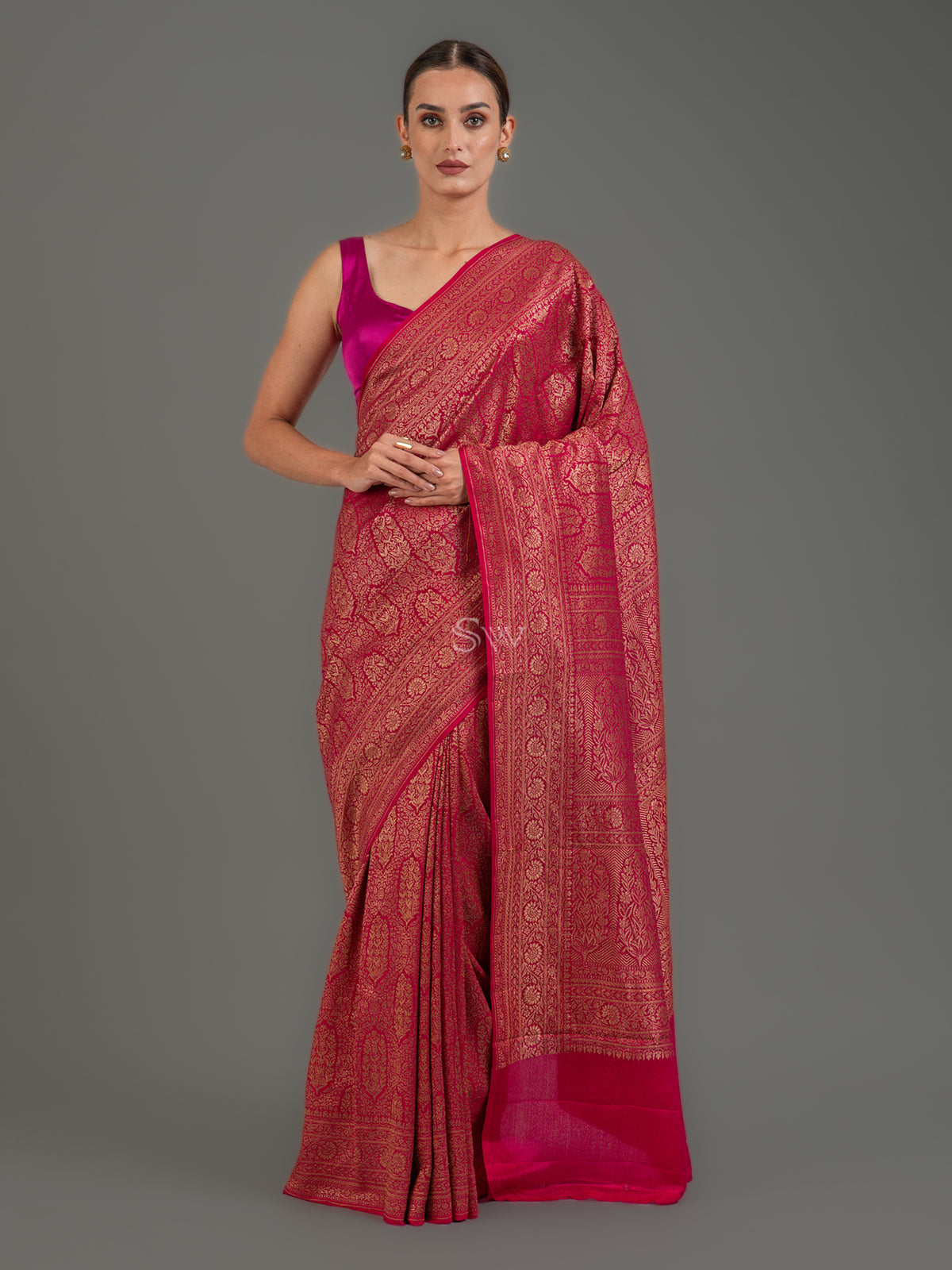 Magenta Jaal Crepe Silk Handloom Banarasi Saree -Sacred Weaves