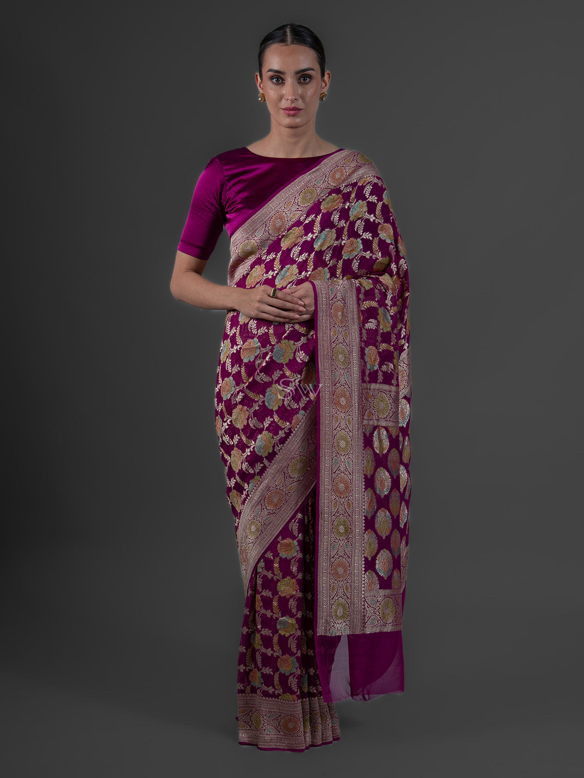 Wine Rangkat Jaal Khaddi Georgette Handloom Banarasi Saree - Sacred Weaves