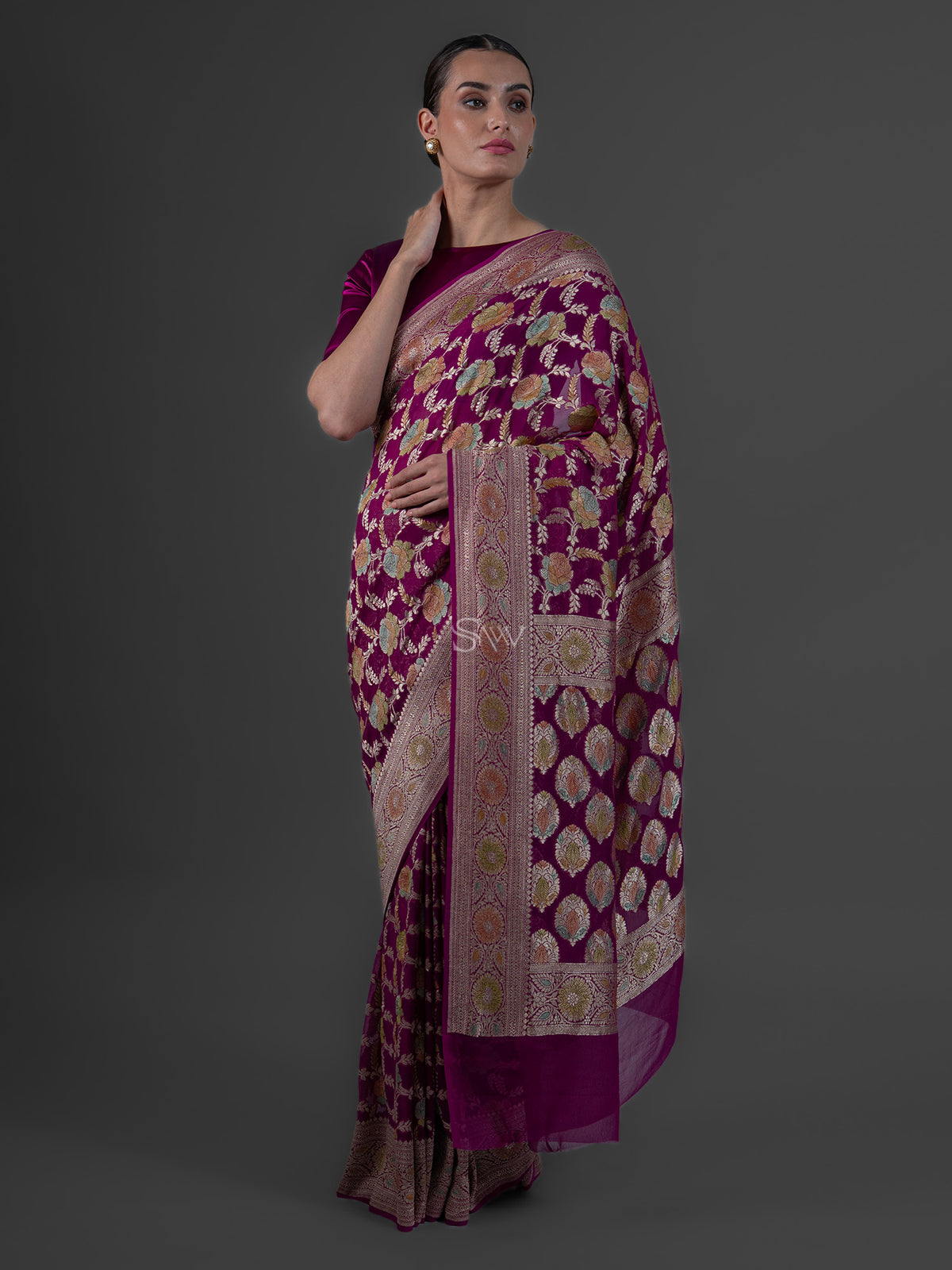 Wine Rangkat Jaal Khaddi Georgette Handloom Banarasi Saree - Sacred Weaves