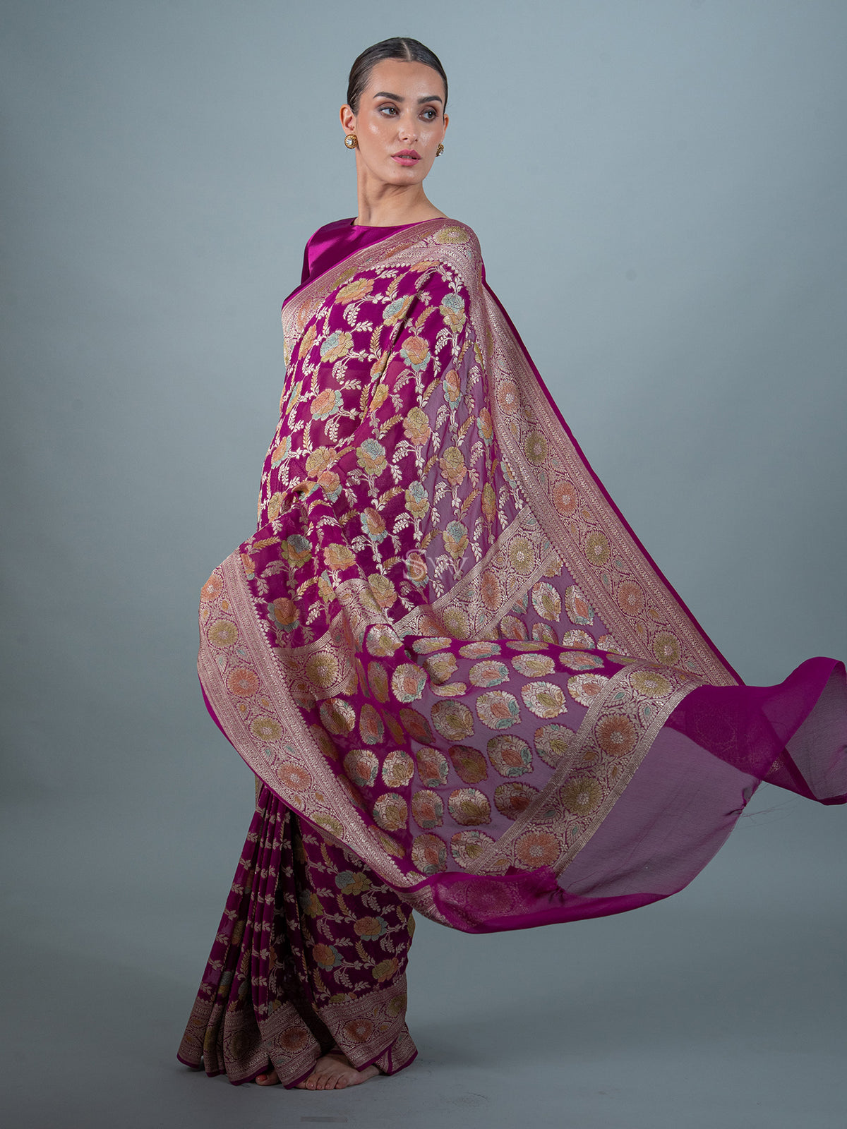 Wine Rangkat Jaal Khaddi Georgette Handloom Banarasi Saree - Sacred Weaves