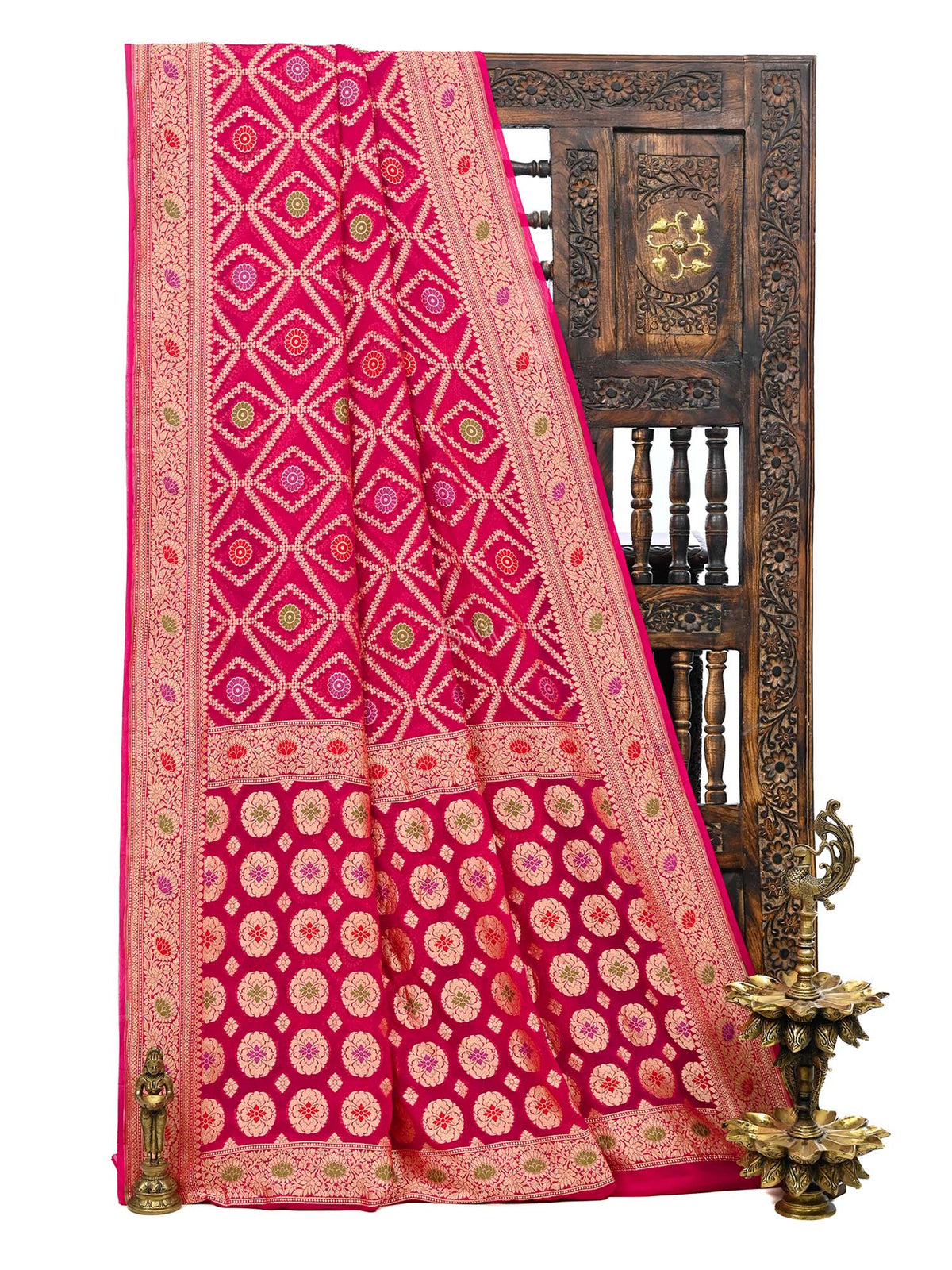 Dark Pink Meenakari Jaal Khaddi Georgette Handloom Banarasi Saree