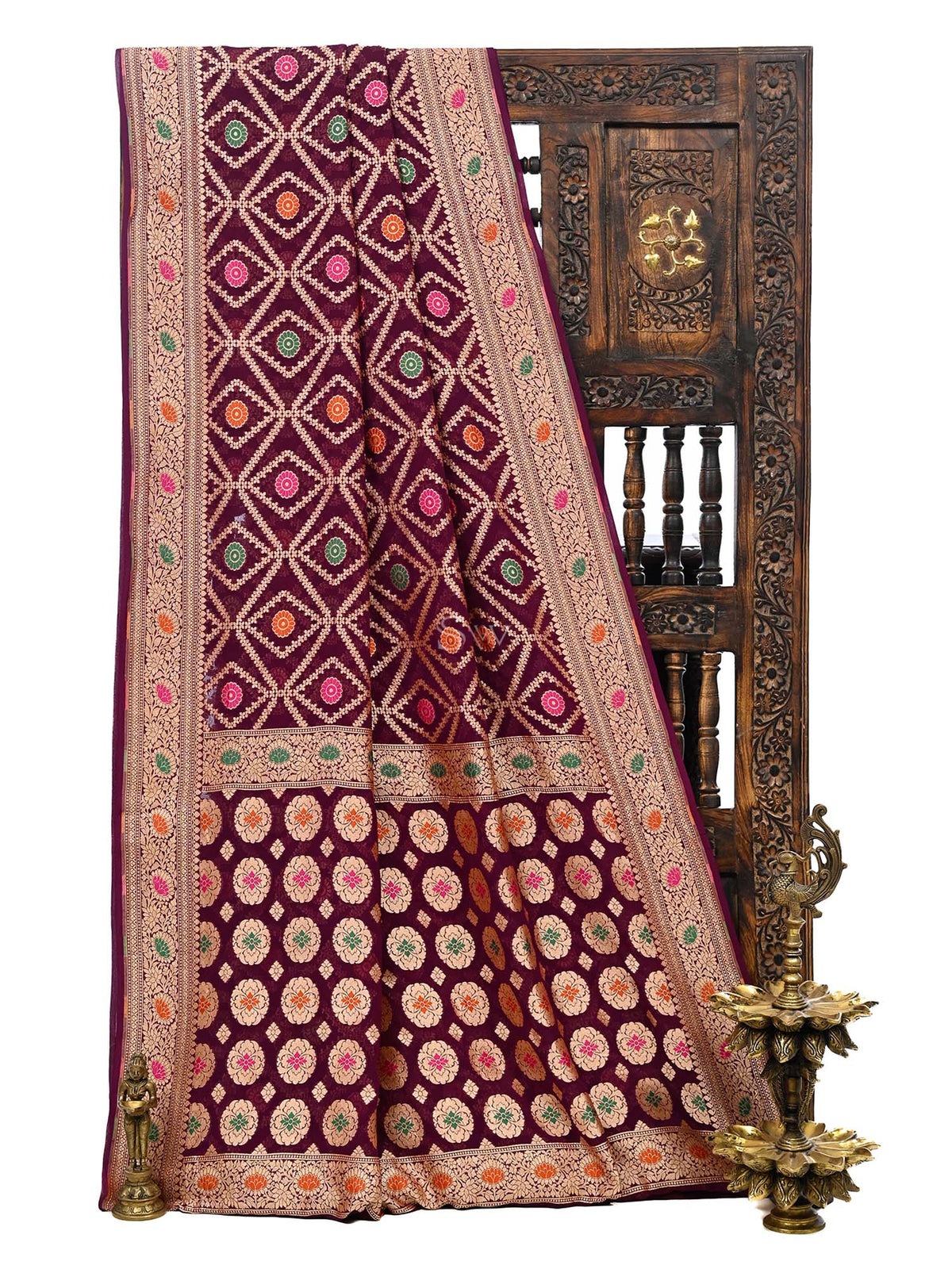 Wine Meenakari Jaal Khaddi Georgette Handloom Banarasi Saree