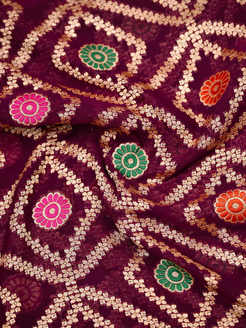 Wine Meenakari Jaal Khaddi Georgette Handloom Banarasi Saree