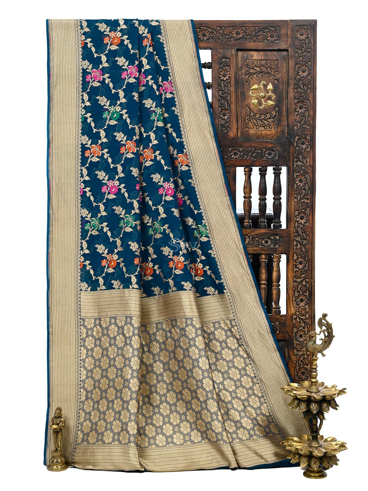 Midnight Blue Meenakari Jaal Khaddi Georgette Handloom Banarasi Saree