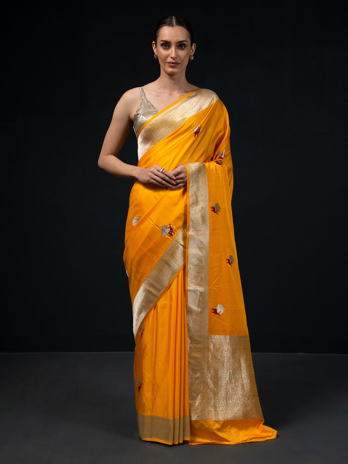 Yellow Shikargah Boota Satin Silk Handloom Banarasi Saree -  Sacred Weaves