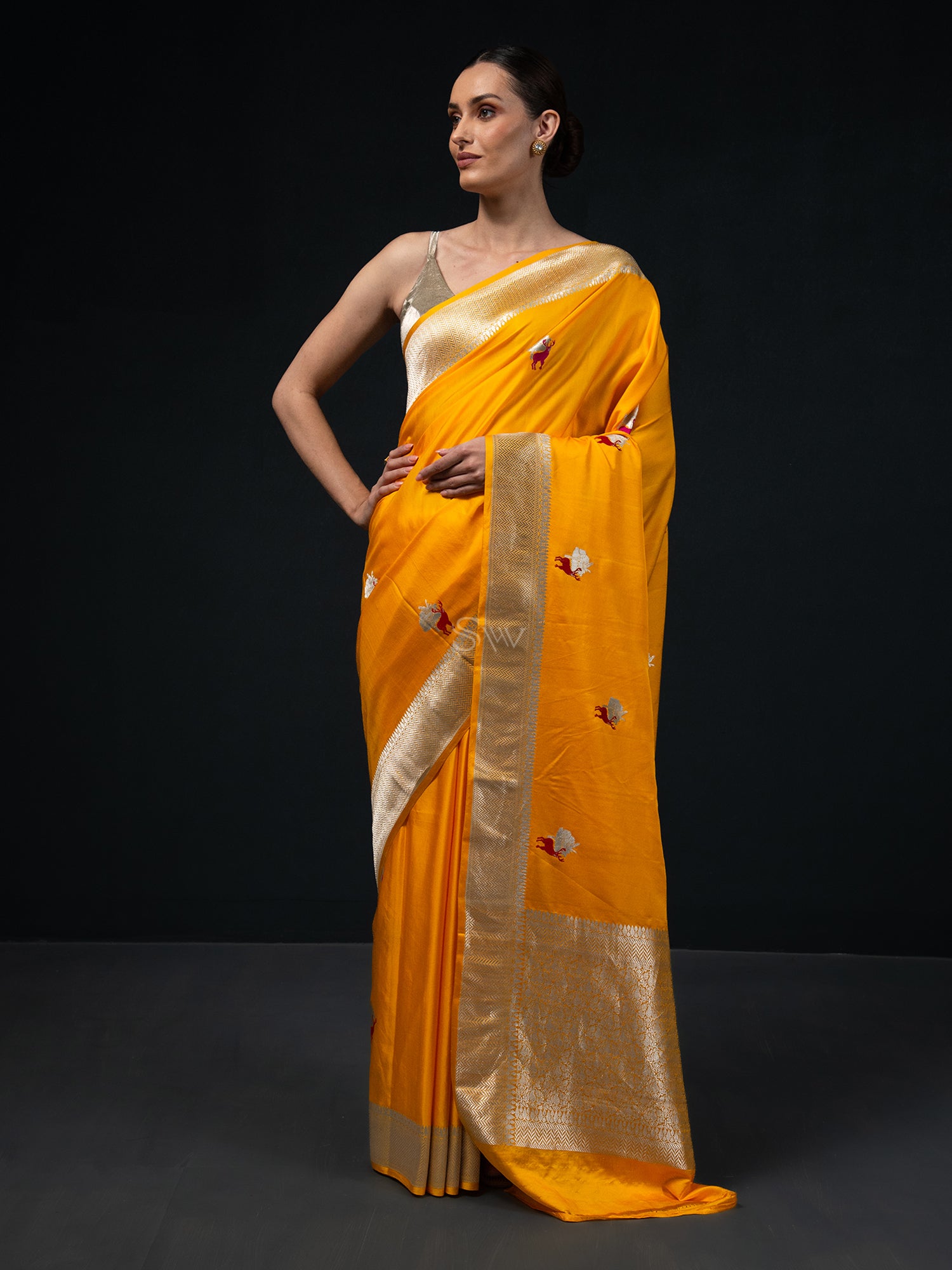 Yellow Shikargah Boota Satin Silk Handloom Banarasi Saree -  Sacred Weaves