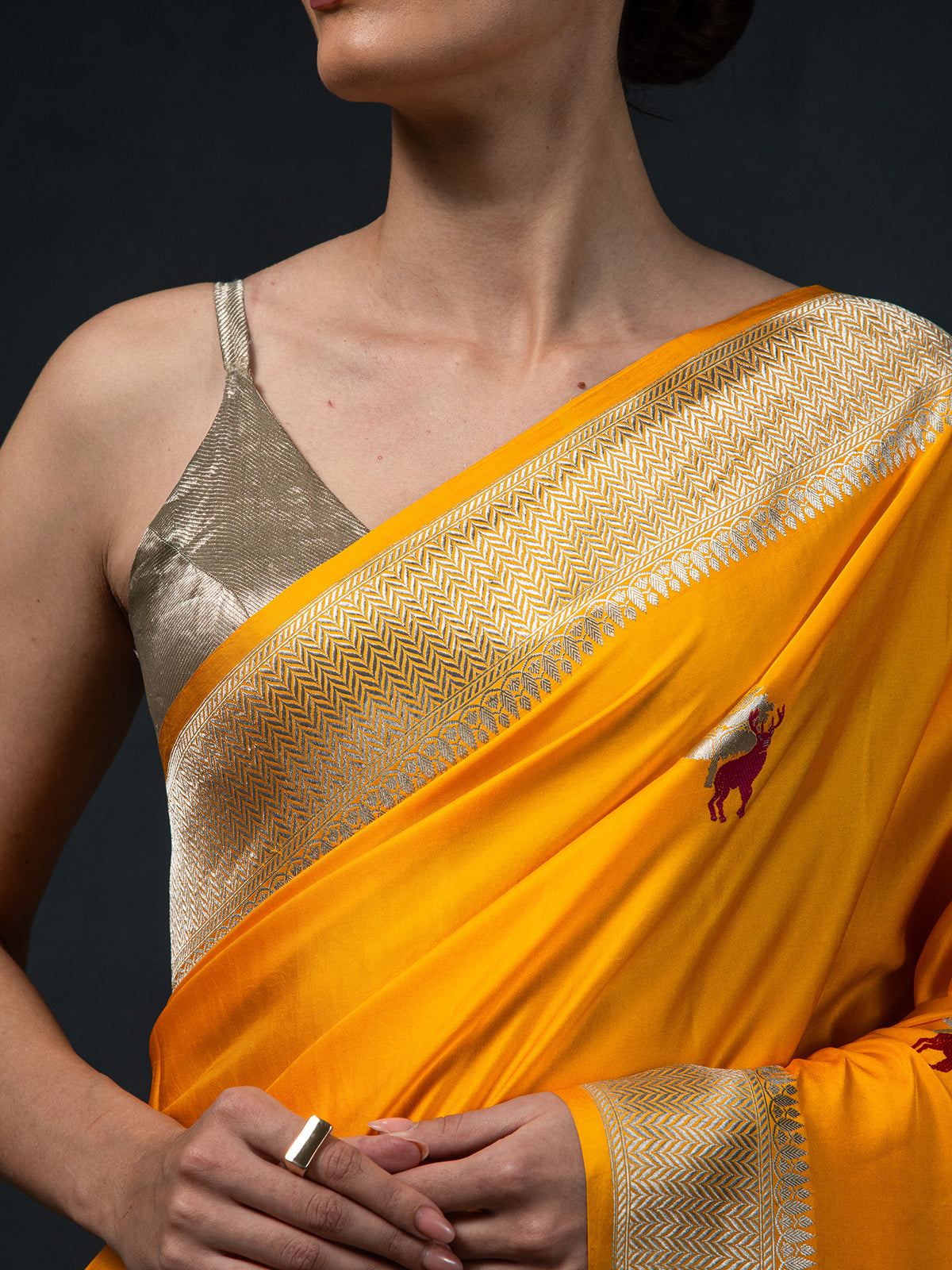 Yellow Shikargah Boota Satin Silk Handloom Banarasi Saree -  Sacred Weaves