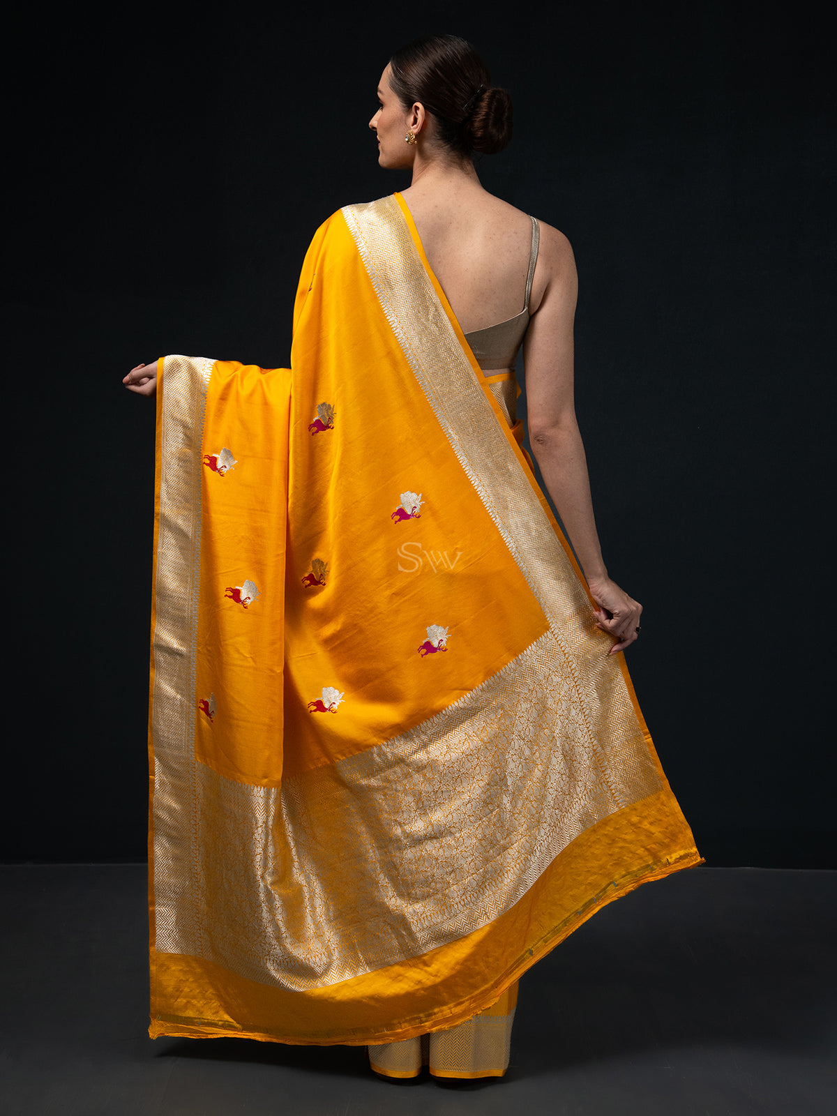 Yellow Shikargah Boota Satin Silk Handloom Banarasi Saree -  Sacred Weaves