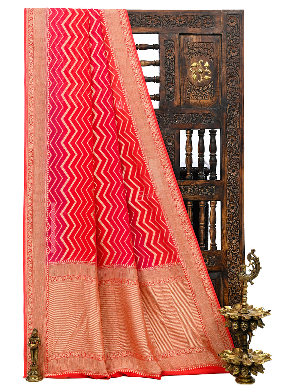 Pink Orange Rangkat Khaddi Georgette Handloom Banarasi Saree