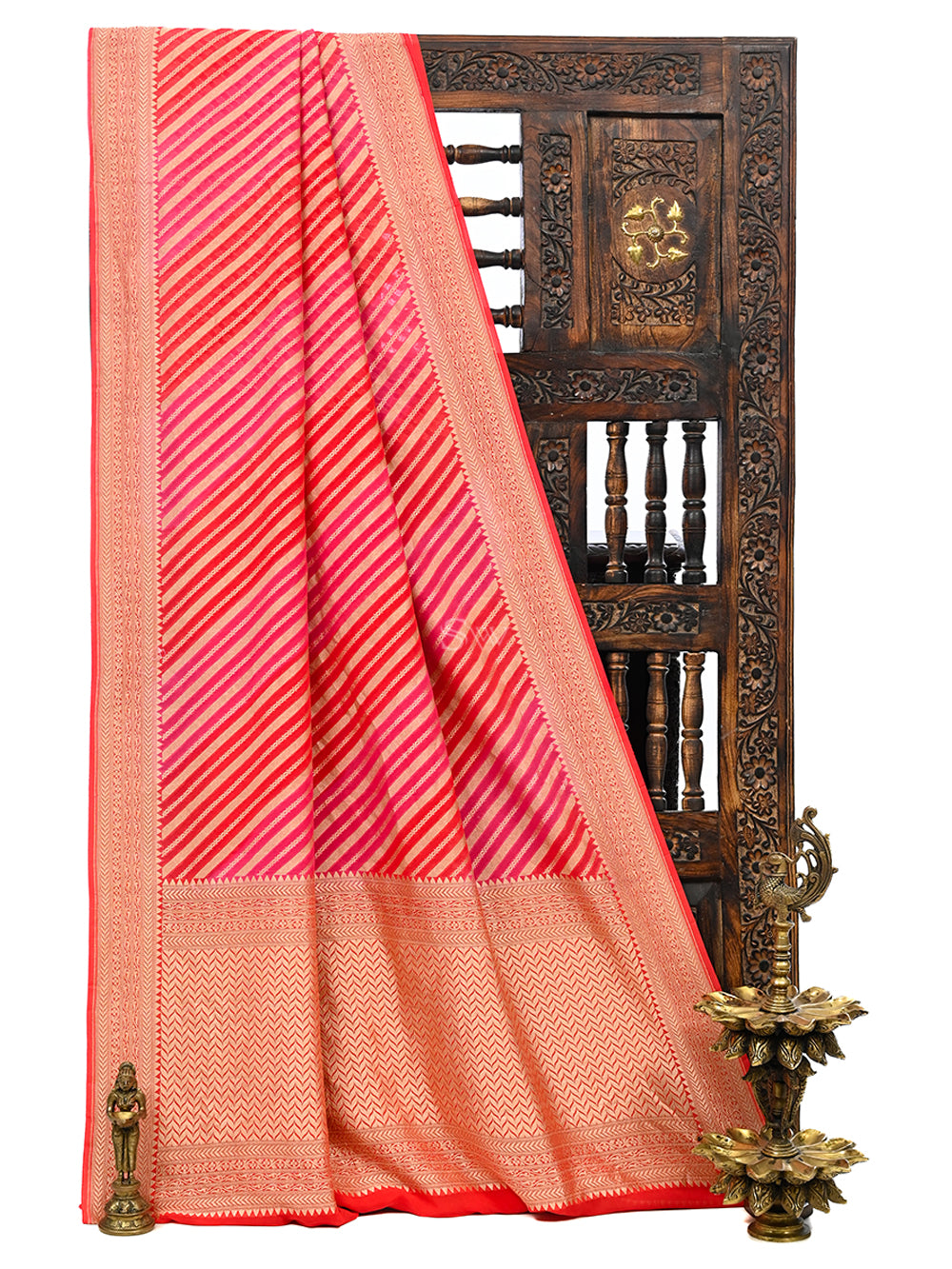 Orange Pink Rangkat Khaddi Georgette Handloom Banarasi Saree - Sacred Weaves